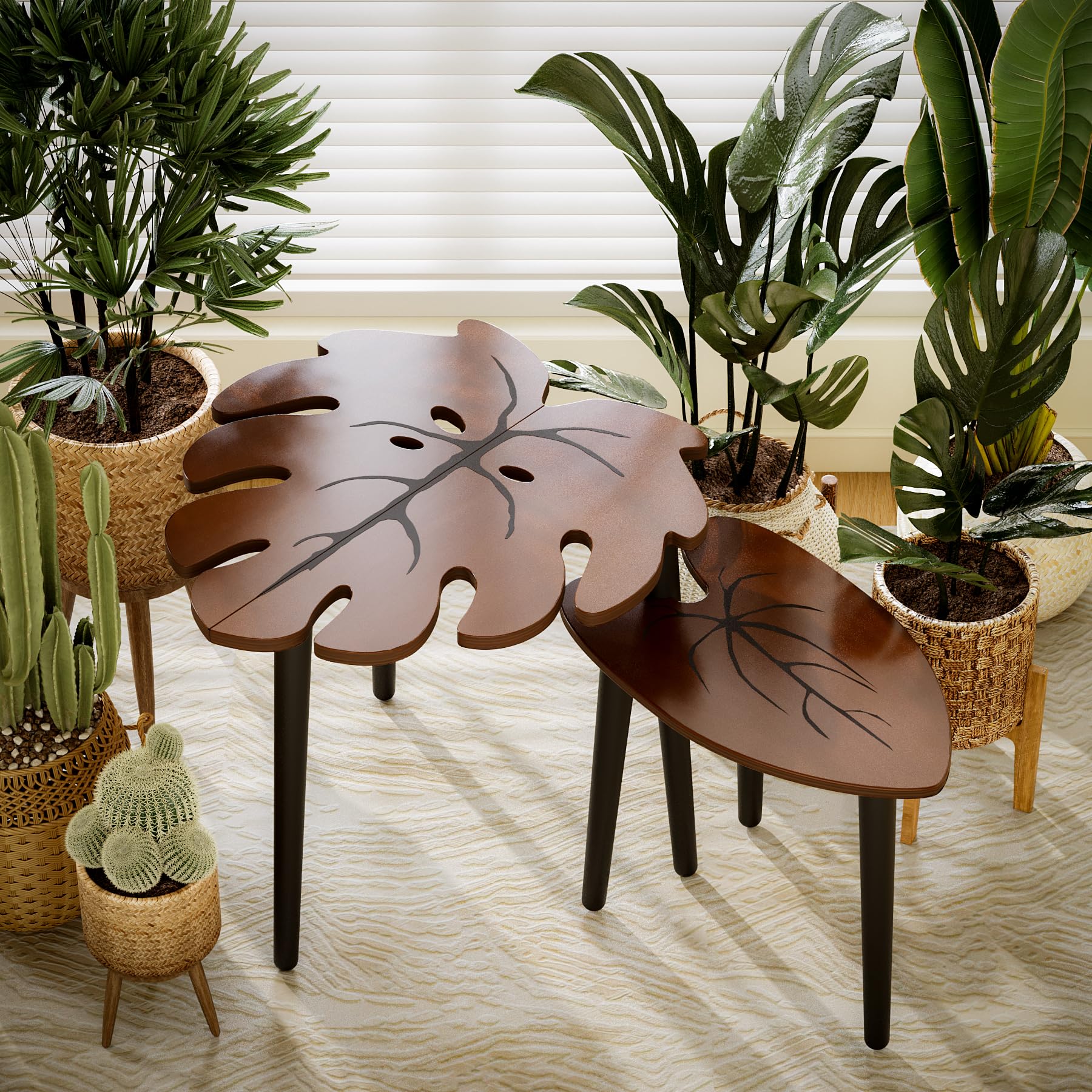 Best Nesting Coffee Tables for 2026: 5 Flexible Picks 3 BAMEOS Monstera Leaf Nesting Tables Set of 2 with leaf vein pattern - product photo