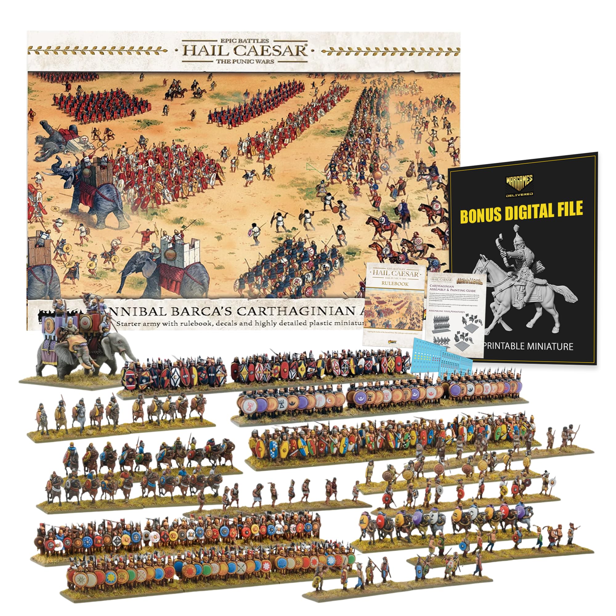 Wargames Delivered - Warlord Games Hail Caesar Epic Battles Hannibal Barca’s Carthaginian Army - Carthaginian Infantry, War Elephants, Bases with Multiple Soldier Figure, Dice and Full-Color Decals
