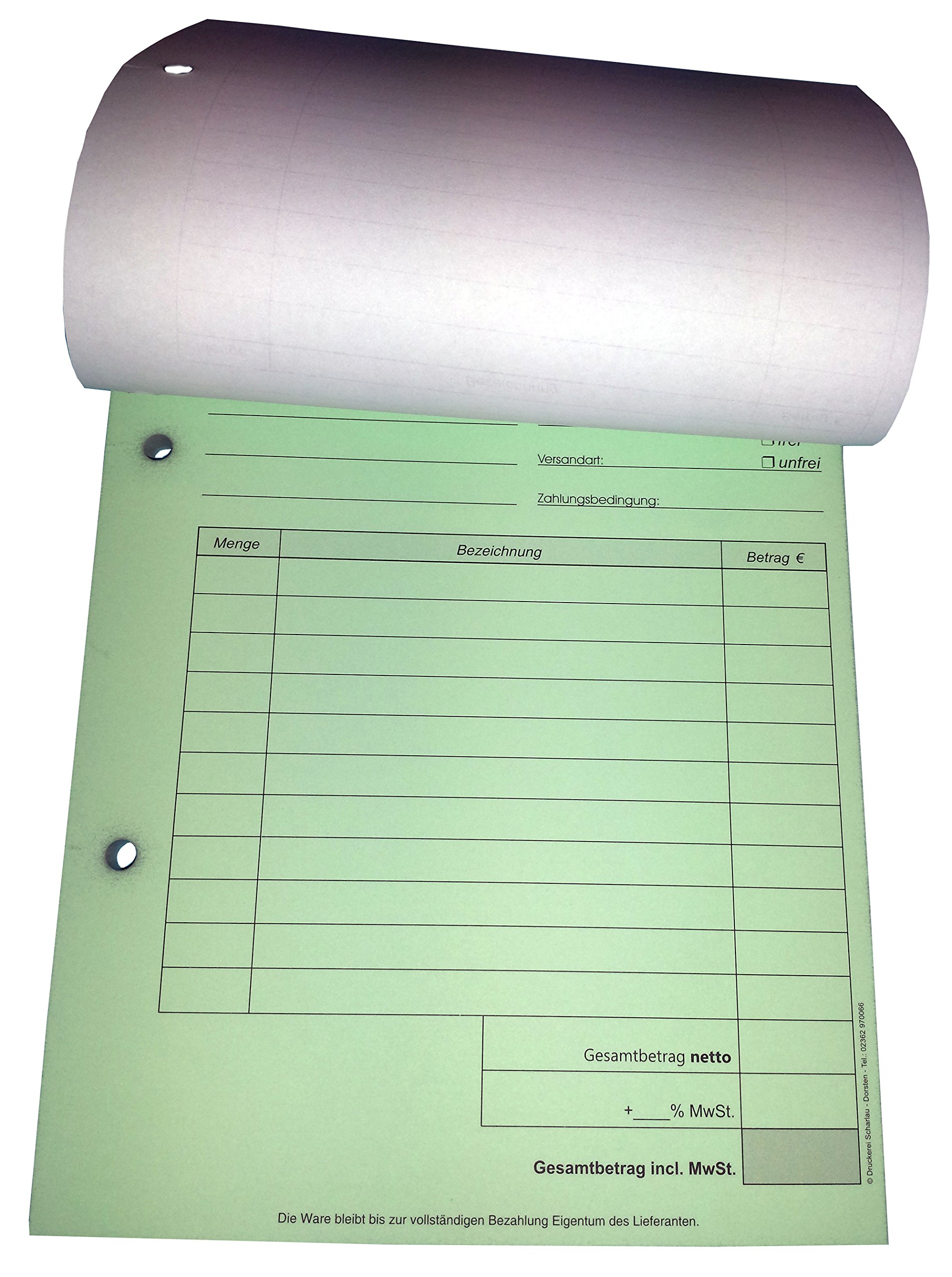 4x Kombiformular-Auftrag - Lieferschein - Rechnung DIN A5, 2-fach selbstdurchschreibend,2x50 Blatt weiß/grün - gelocht (22433)