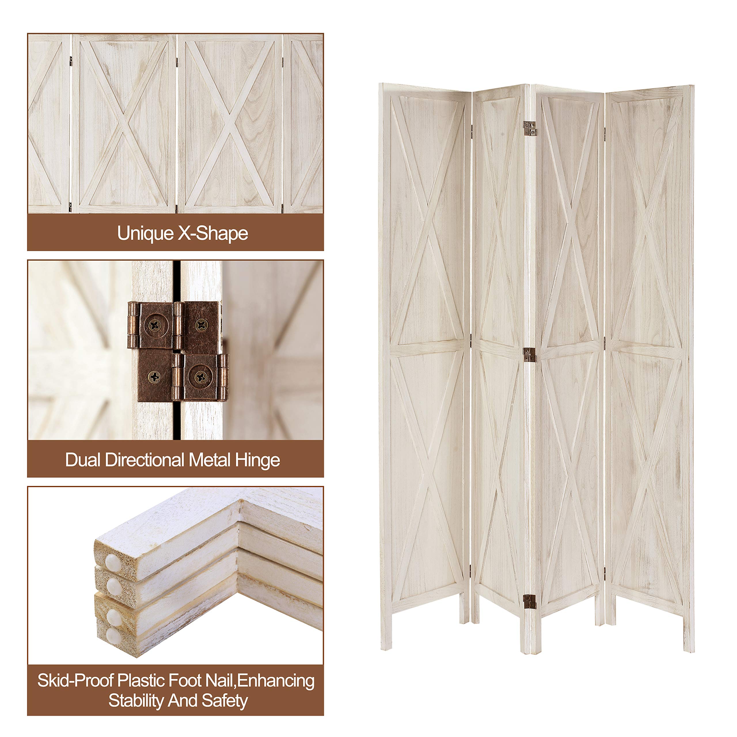 iVilla 5.8 Ft Tall Wood Room Divider, 4 Panel Rustic Folding Privacy