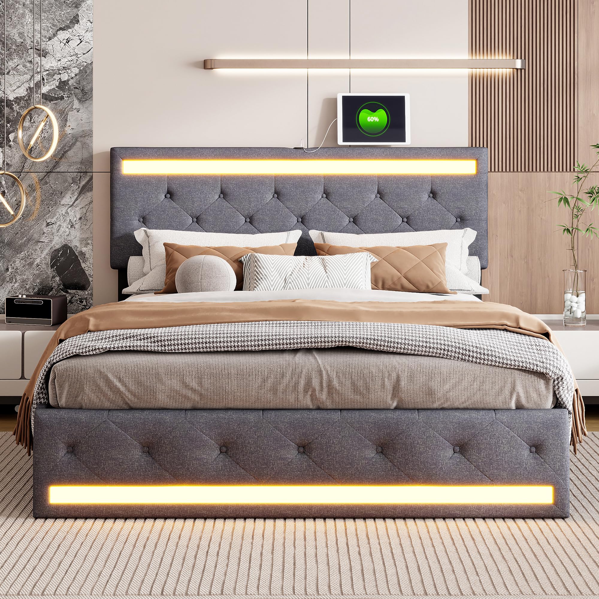 Lit Double 180x200 cm avec Sommier et 4 Tiroirs de Rangement, Lit Rembourré en Lin avec Tête de Lit à LED et Station de Charge USB/Type-C,Cadre de Lit Moderne Design Gris pour Adulte et Chambre d'amis