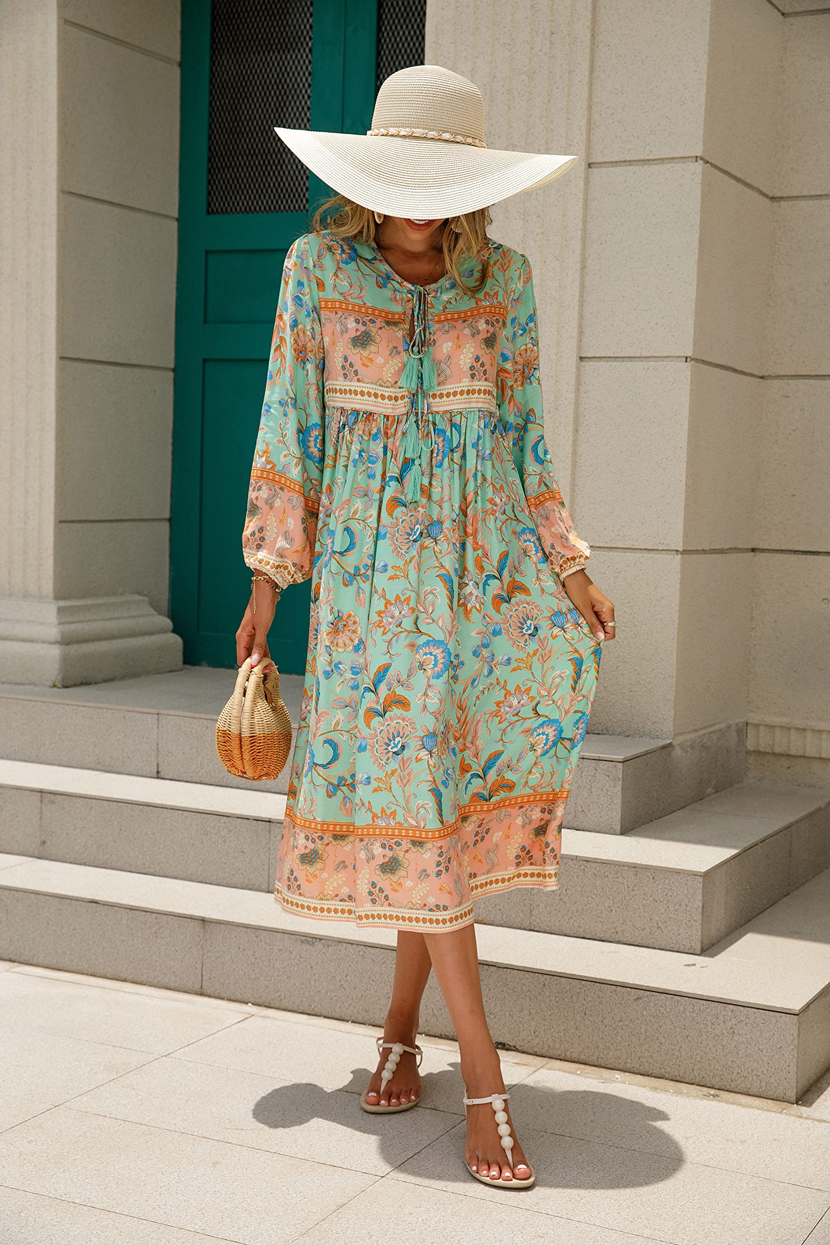 R.Vivimos Damen Beiläufig Bohemien Drucken Krawatte Langarm Strand Stil Lang Midi Urlaub Kleid