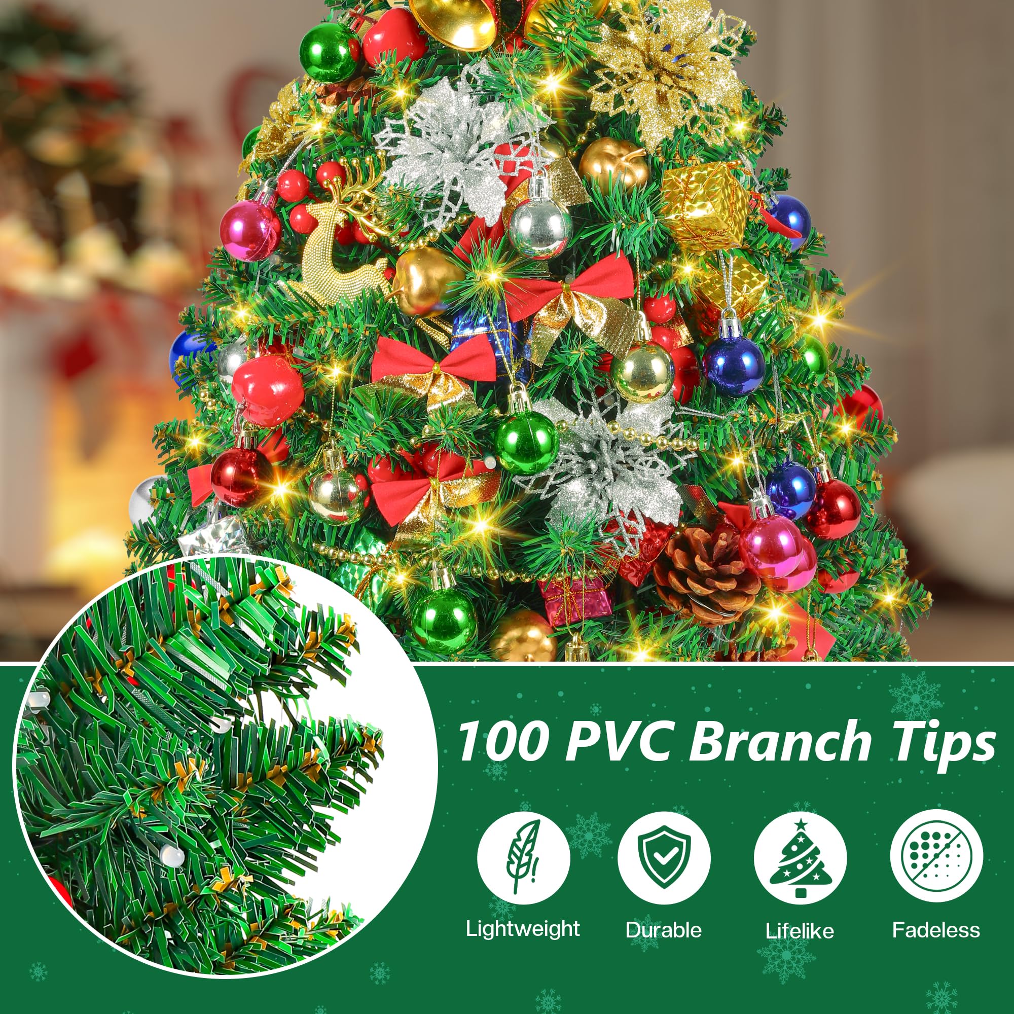 Mini sapin de Noël artificiel de table de 0,6 m avec 60 lumières LED, petit sapin de Noël pré-éclairé, 100 branches, 80 ornements, décoration de table de Noël d'intérieur pour fête à la maison