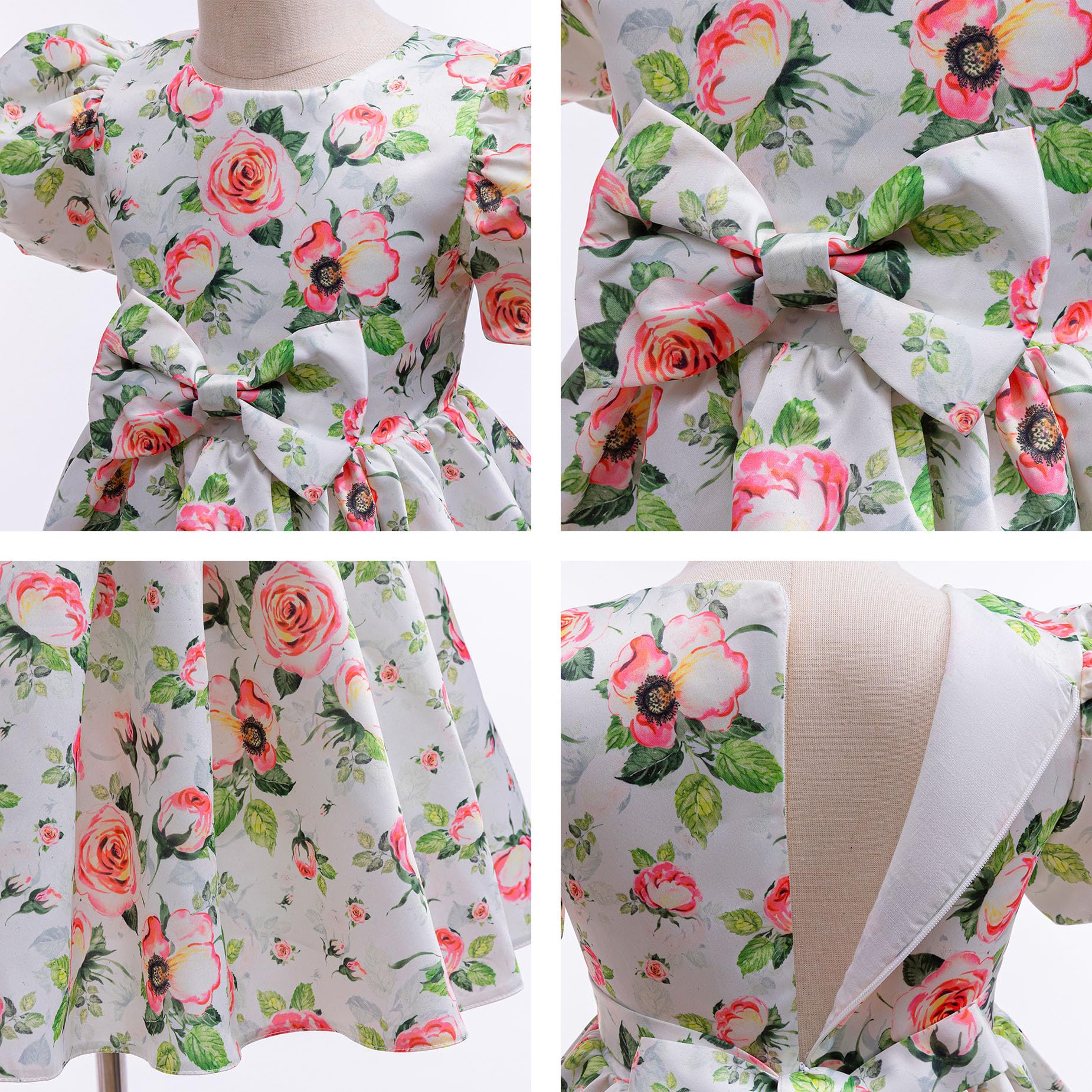 Vestidos de Niña Ropa para Niños con Estampado Floral Vestido de Princesa de Satén con Mangas abullonadas