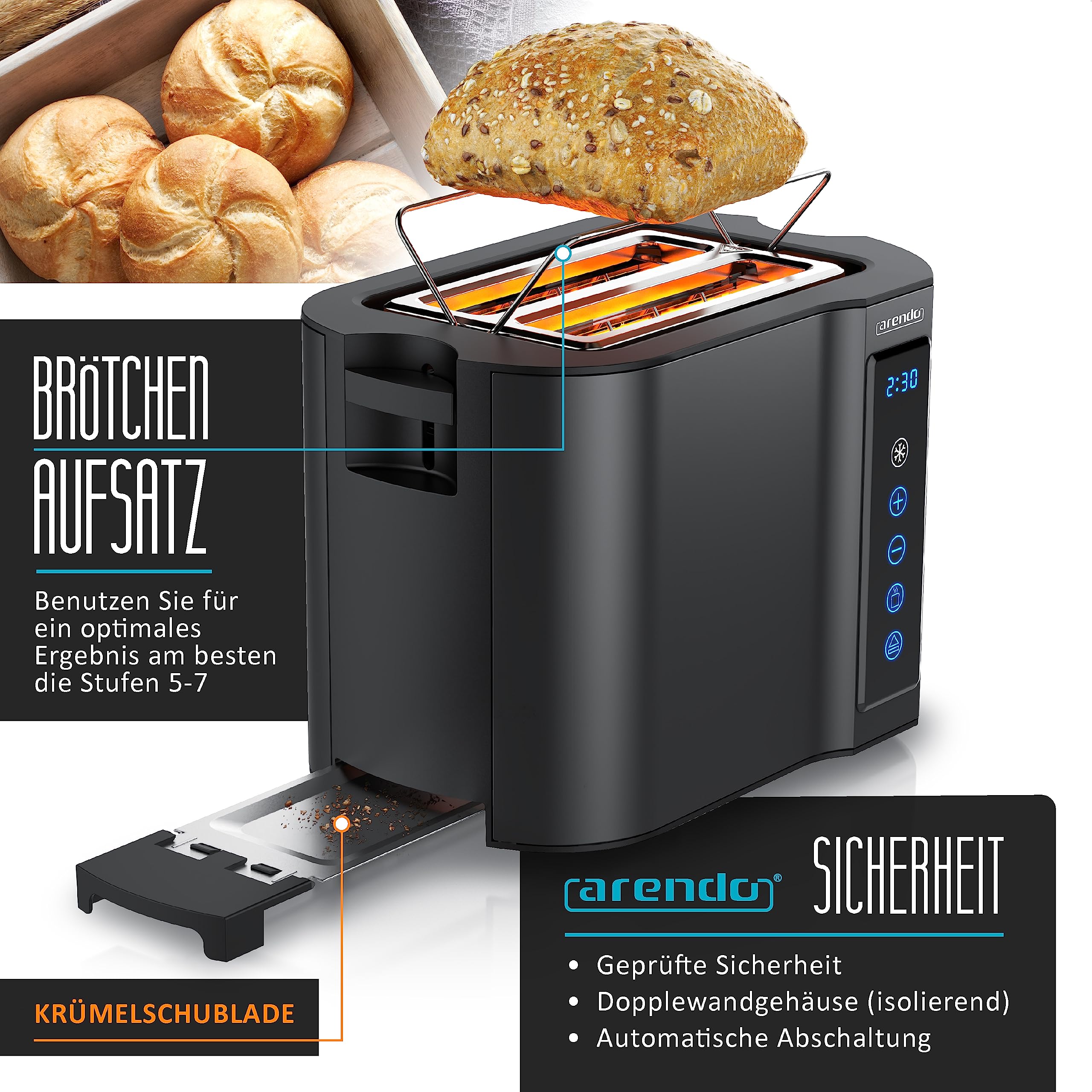 Arendo - Tostapane tattile a 2 fette in acciaio inox - Pannello tattile - Display digitale del tempo rimanente - 800 W - Alloggiamento a doppia parete - Con griglia riscaldante per dolci - 7 livelli