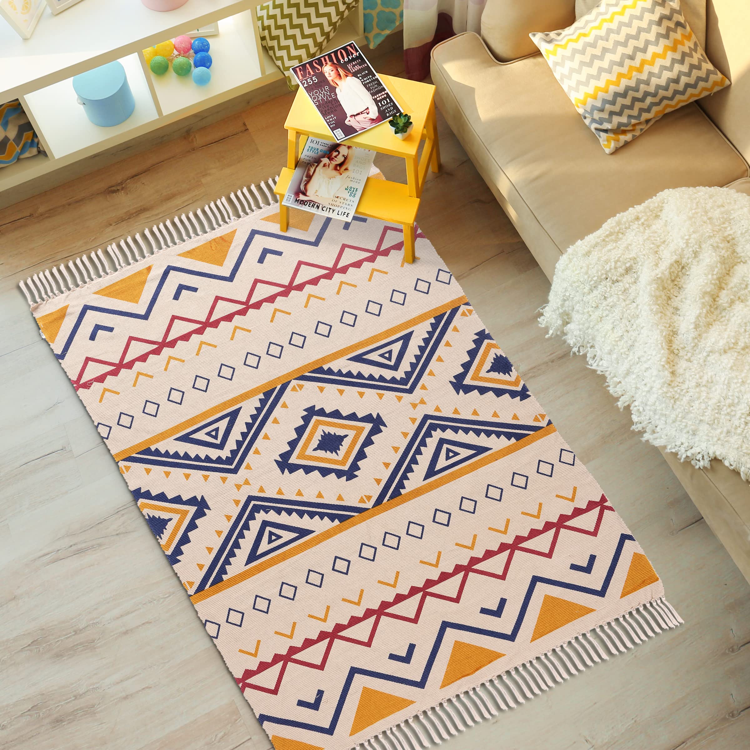 Urban Space 100% Cotton Tufted Rug for Living Room, Dhurrie Floor Carpet, Thick Bohemian Printed Rug for Bedroom with Tassels (4 ft x 6 ft, Tufrugs_004) (B0B71BYB2C) Amazon Price History, Amazon Price Tracker