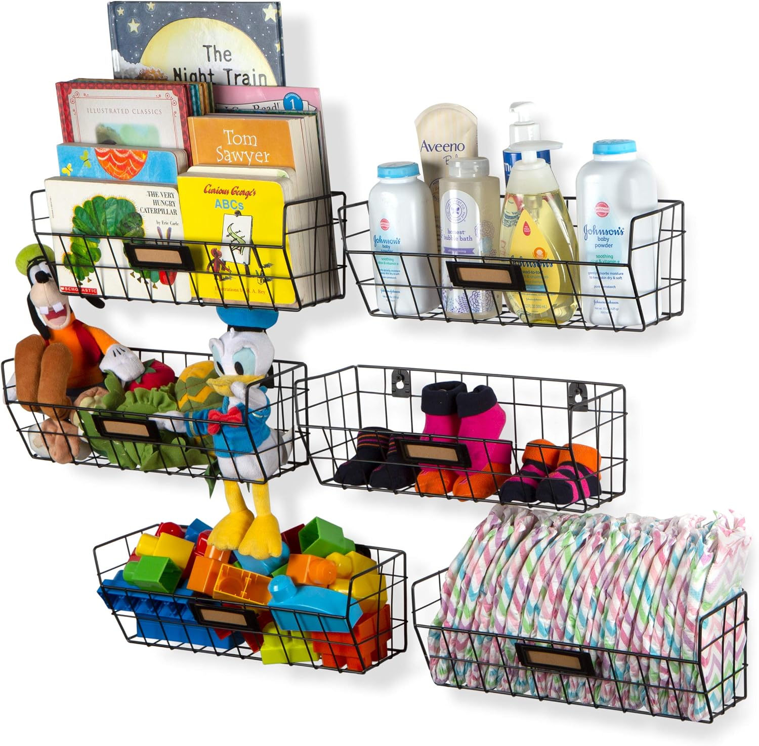 Wall35 Macon Hanging Fruit Basket for Kitchen Pantry Organization and Storage, Wall Mounted Metal Wire Baskets Set of 6 Black