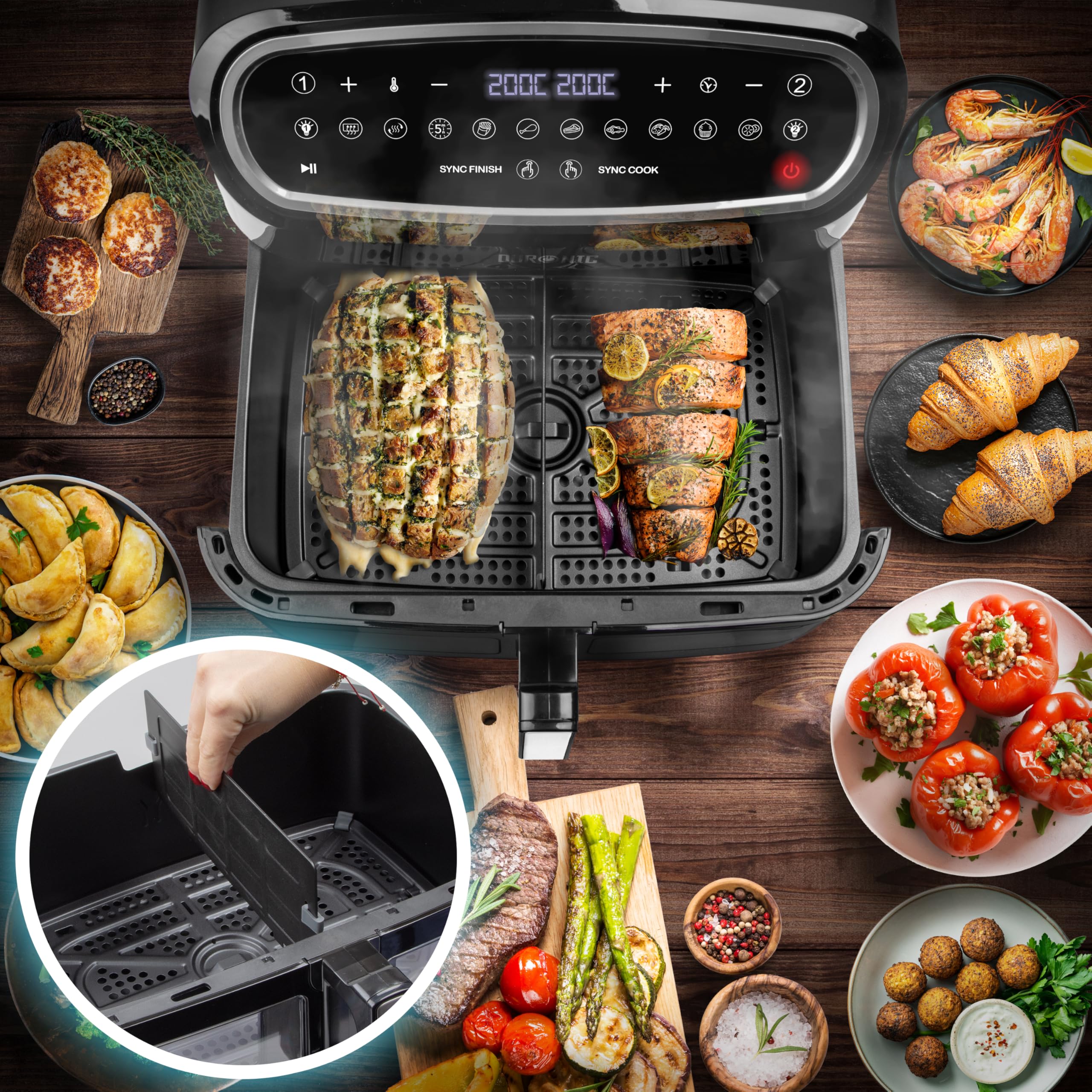 Duronic AF34 BK Friggitrice ad Aria XXL, Air Fryer 2400W, Fornetto elettrico 2 cestelli e 1 cestello grande, Friggitrice senza olio, Friggitrice ad aria calda, Cottura sincronizzata, Pollo, patate