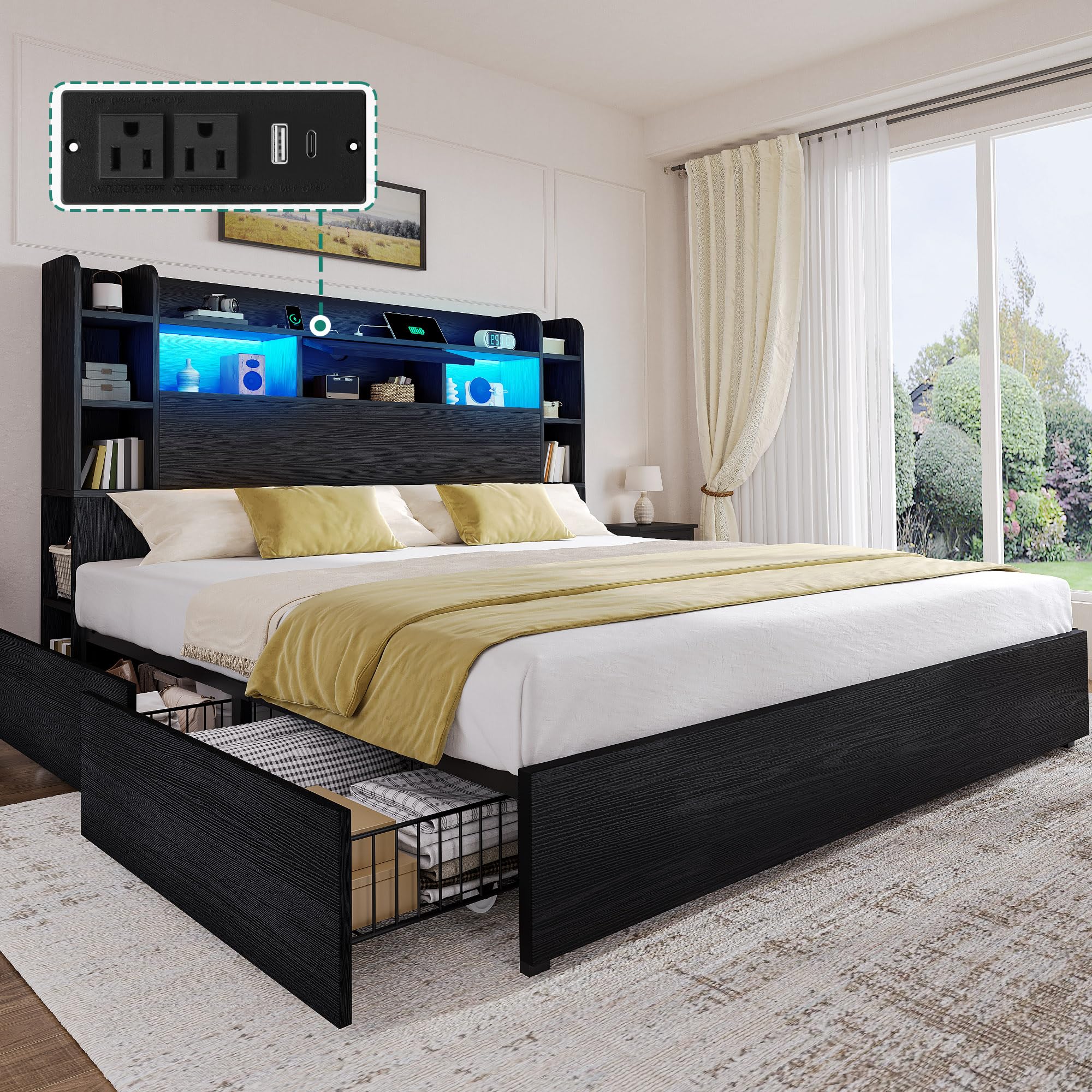 DWVO King Size Bed Frame with Bookcase Headboard and 4 Storage Drawers, RGB LED Bed Frame with Type-C & USB Charging Station Storage Headboard Beds,