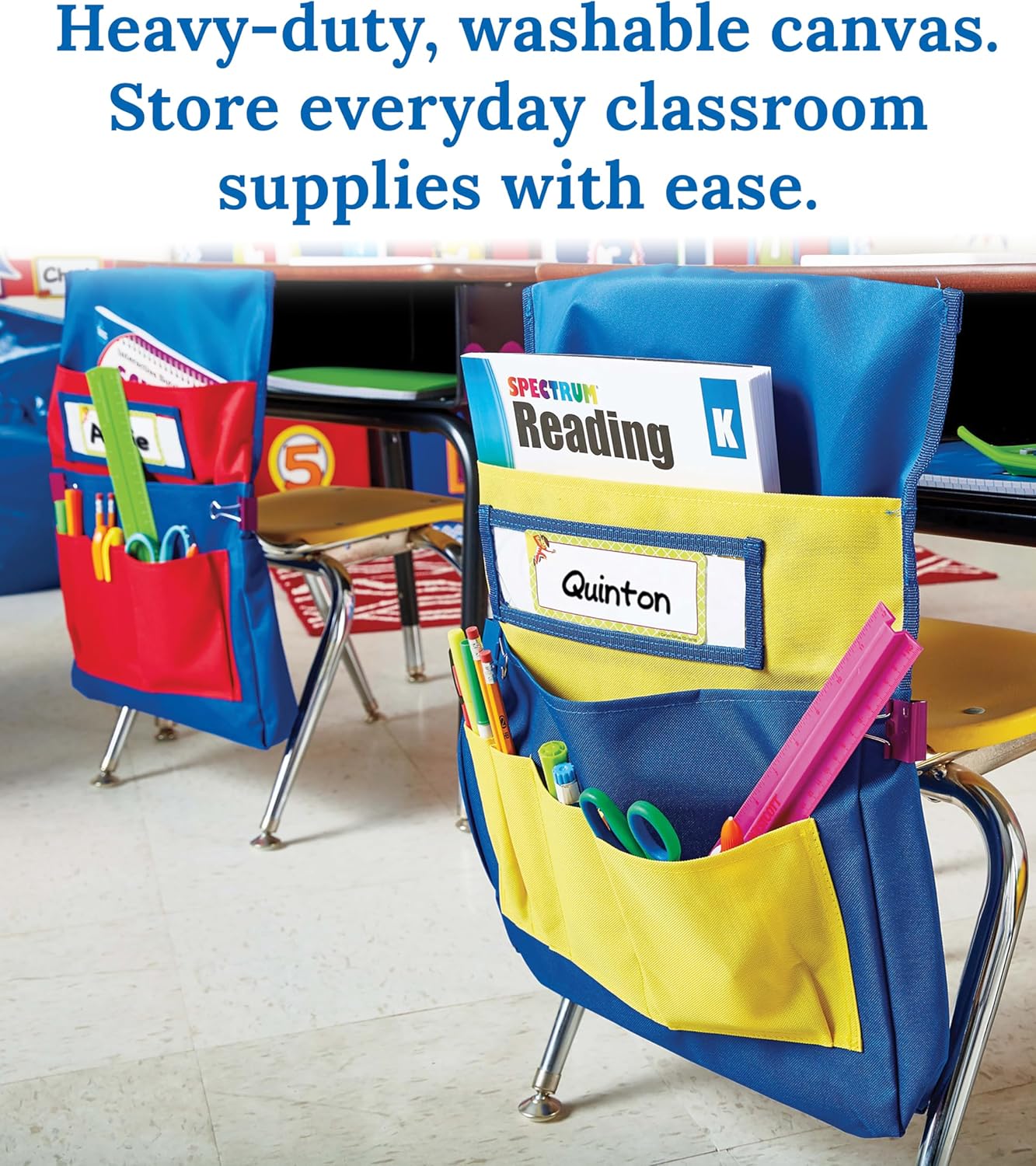 Carson Dellosa 6-Pack Yellow & Blue Chairback Buddy Pocket Chart Set, 15" x 19" Back of Chair School Supplies Pocket Organizer with Name Tag and 6 Chair Pockets for Classrooms, Classroom Organization