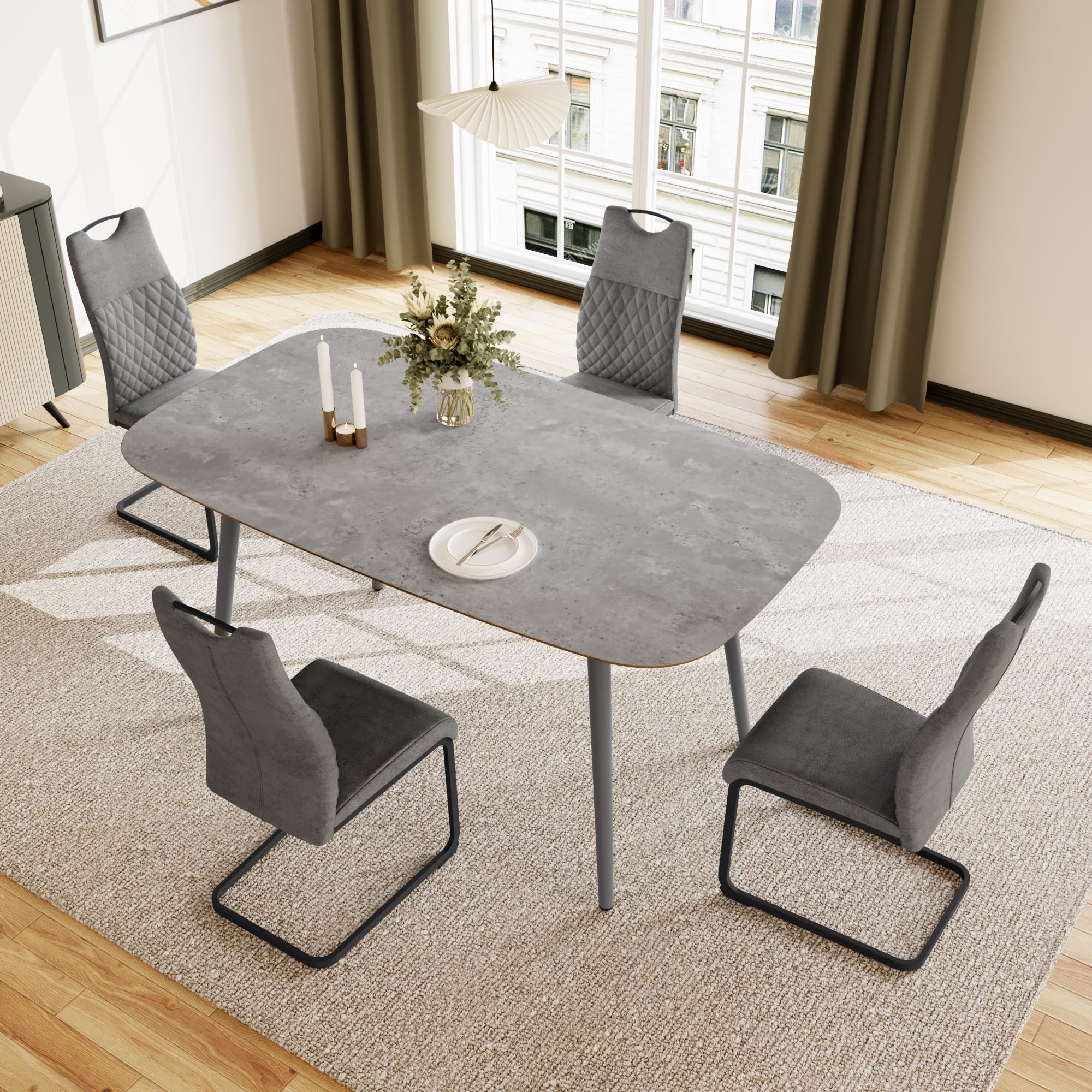 JIEXI Esstisch Küchentisch, 120 cm grau + 4 graue Stühle, 4-6 Personen | MDF Holz, Metallbeine, Modernes Design, Für Wohnzimmer & Esszimmer