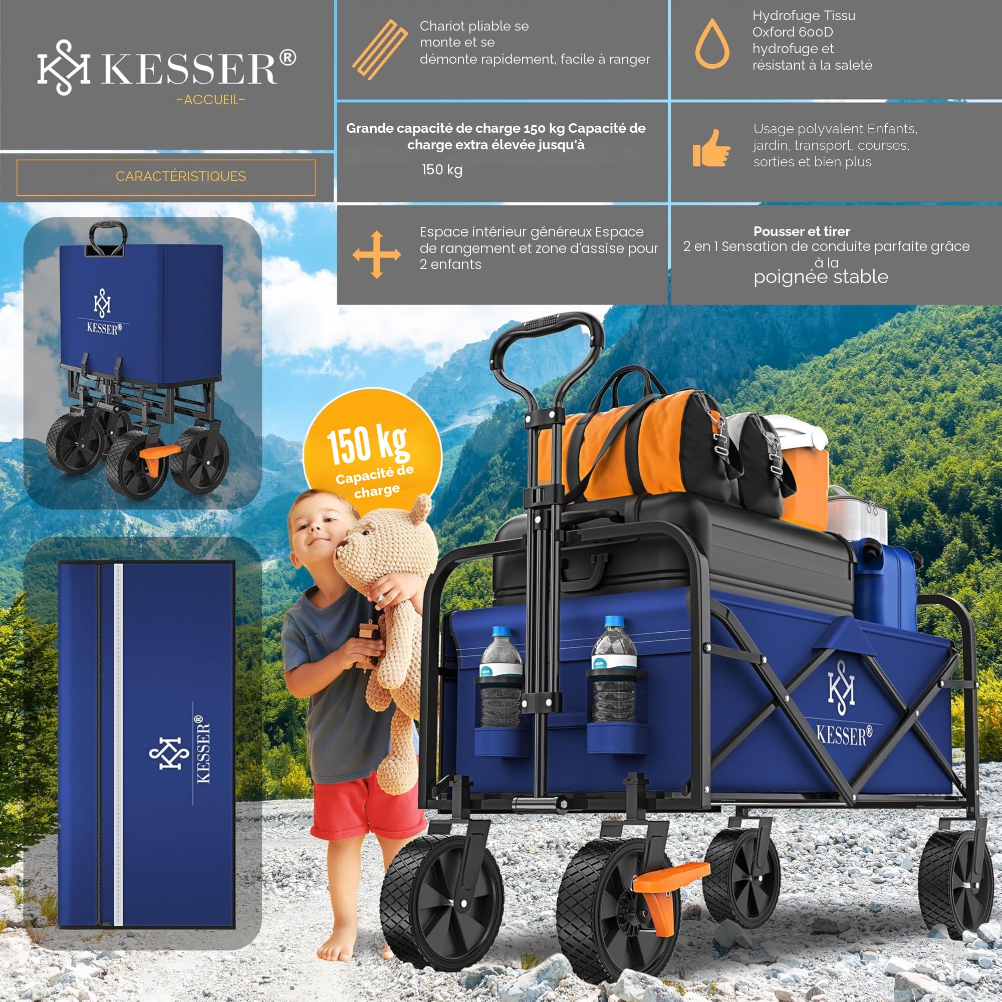 KESSER® - Chariot de transport pliable - Avec 2 poches en filet - Pliable - Pneus en caoutchouc plein - Charge maximale de 80 kg -Pour le jardin - Sans toit - Bleu/Noir