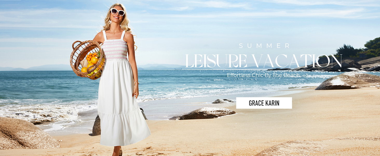 GRACE KARIN Abito Smocked Senza Maniche per Donne Abito Estivo con Cinturino A-Line per la Spiaggia Nero S