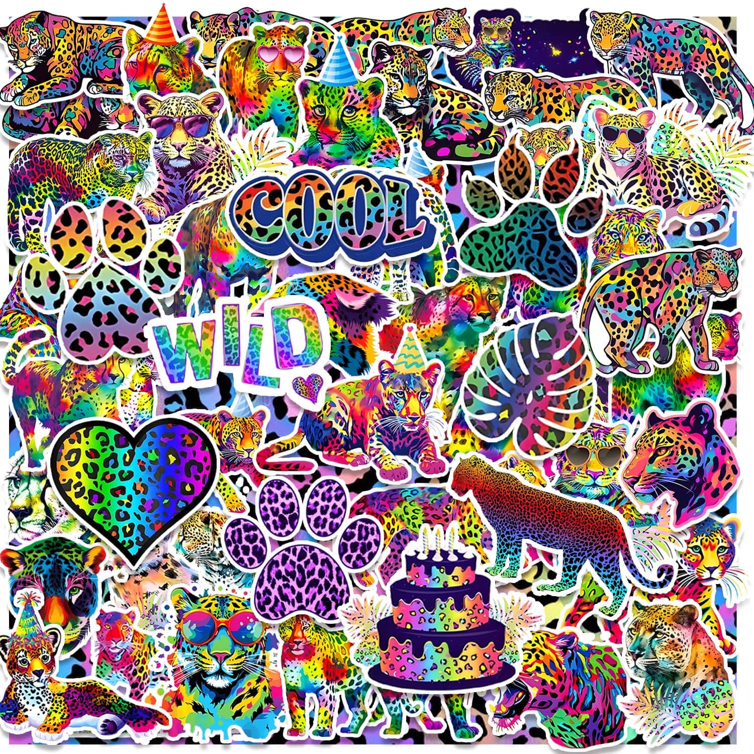 Neon Cheetah Stickers 60Pcs Rainbow Cheetah Vinyl Waterproof Leopard Print Stickers Neon Rainbow Leopard Jungle Safari Animal Decals for Laptop,