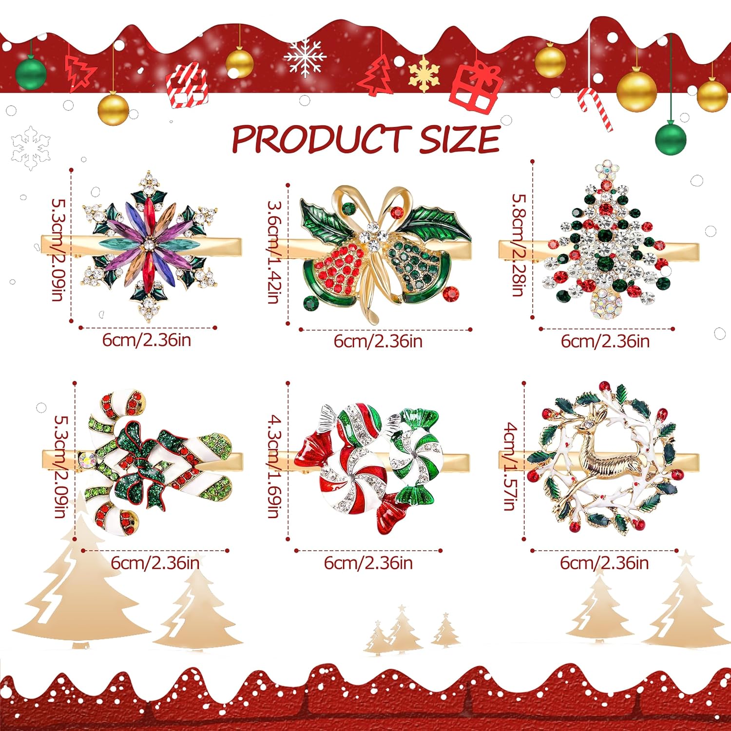 6 PCS Christmas Hair Clips for Women Sparkly Rhinestone Reindeer Wreath Bell Hairpins Xmas Themed Festive Party Hair Accessory Gifts (Christmas) - Image 2