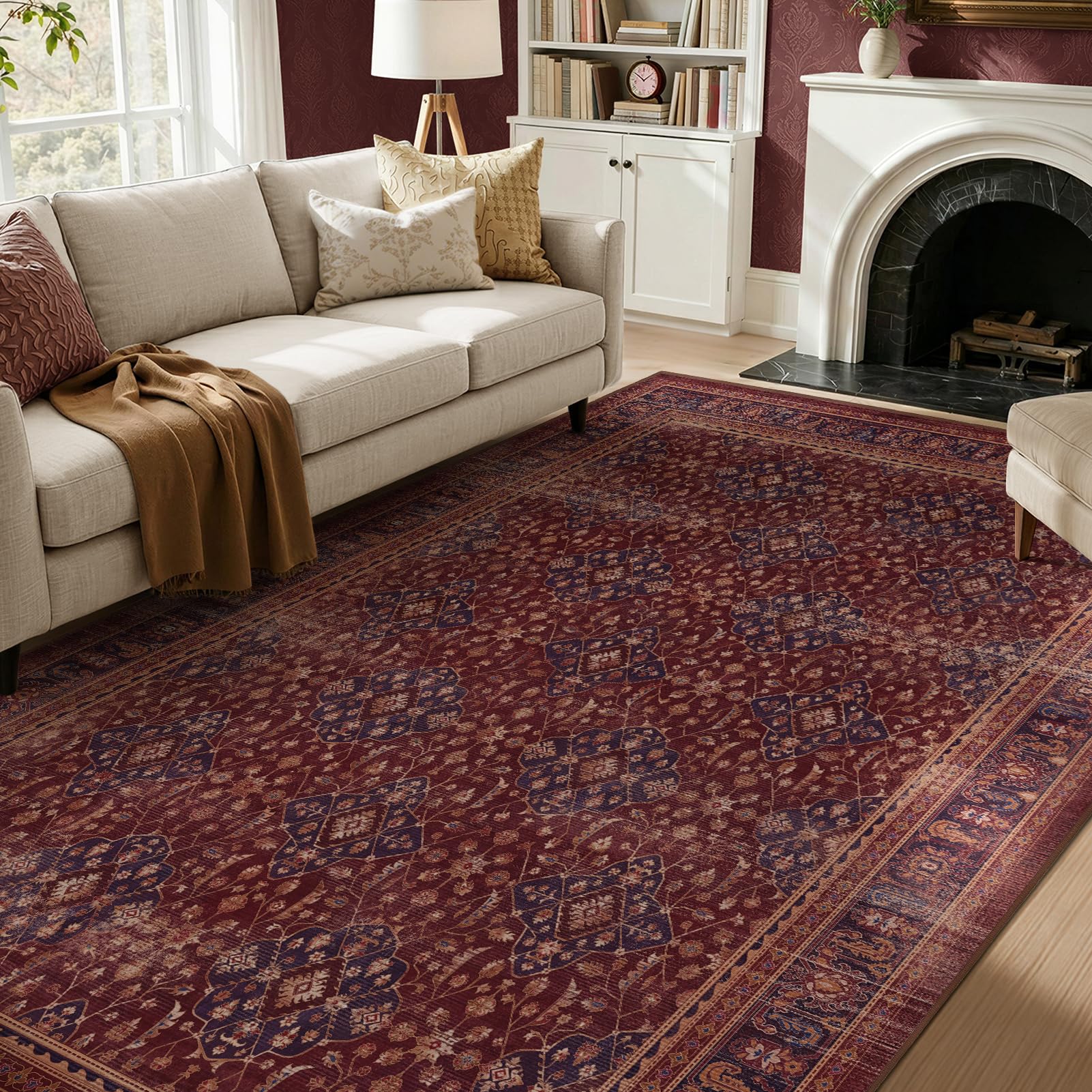 Jainmy Amber Red Purple Accents Area Rugs for Living Room 6x9, Vintage Dining Room Rugs for Under Table, Washable Non Slip Low Plie Carpet Rug for Bedroom Home Office, Earth Tone Boho Floral Trellis — image 1