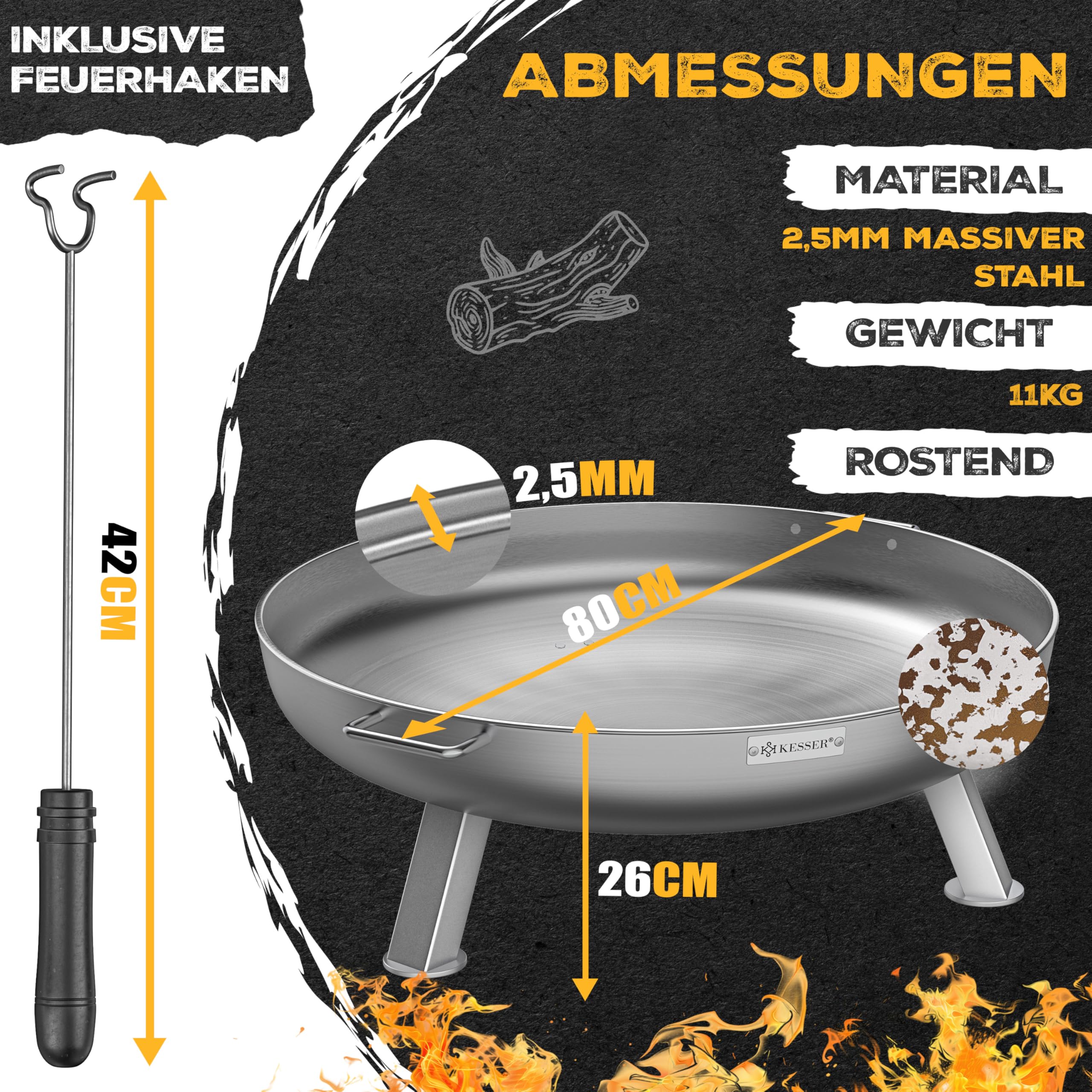 KESSER Feuerschale 2,5mm Stahldicke Ø80cm legierter Stahl Feuerkorb mit Feuerhaken Gusseisen für Garten Terrasse