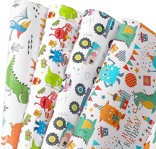 Camkuzon Papel de regalo de cumpleaños para niños, niñas, niños  4 bonitos diseños que incluyen monstruo, coche, dinosaurio papel de regalo para