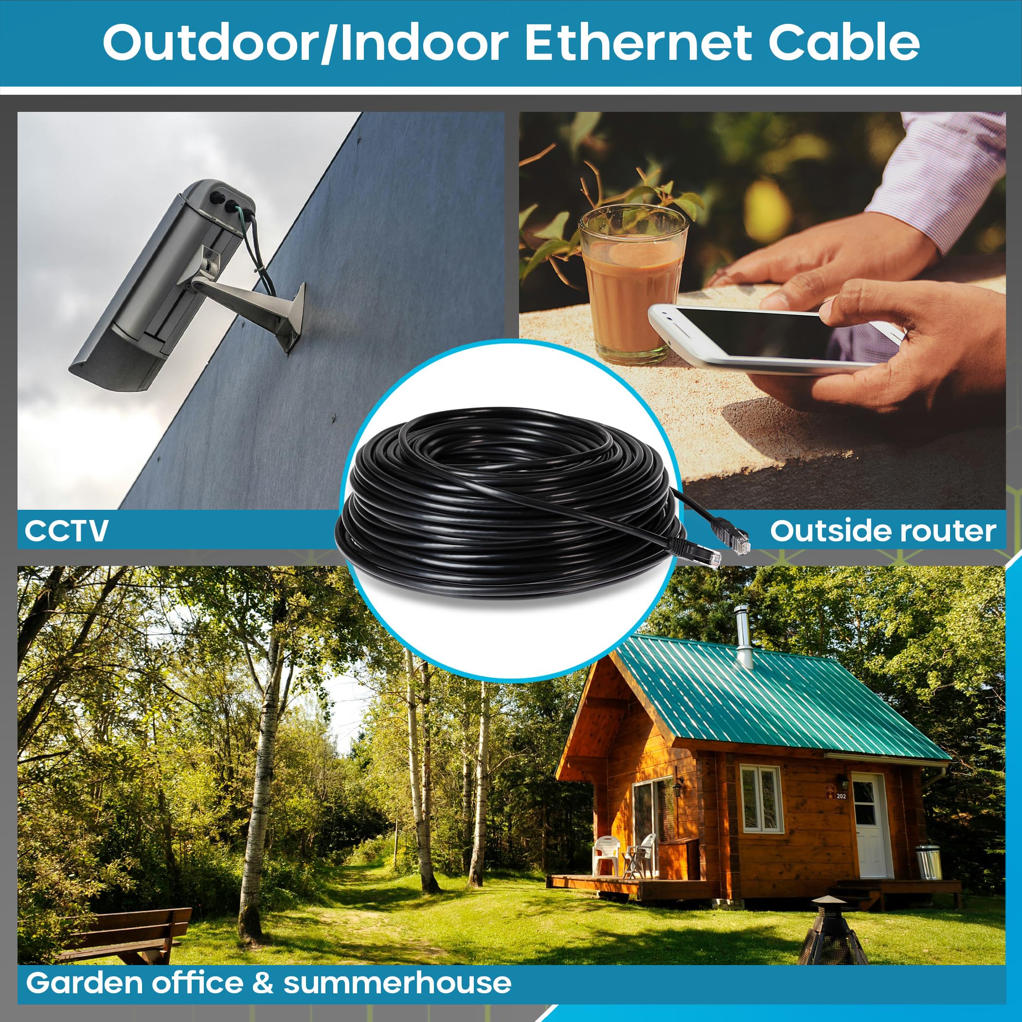 Maplin Câble Ethernet extérieur de 30 m noir, câble réseau LAN Gigabit CAT6 RJ45 en cuivre UTP compatible avec ordinateur portable, PC, vidéosurveillance, PS4/5, Xbox, Switch, modem, routeur, Smart