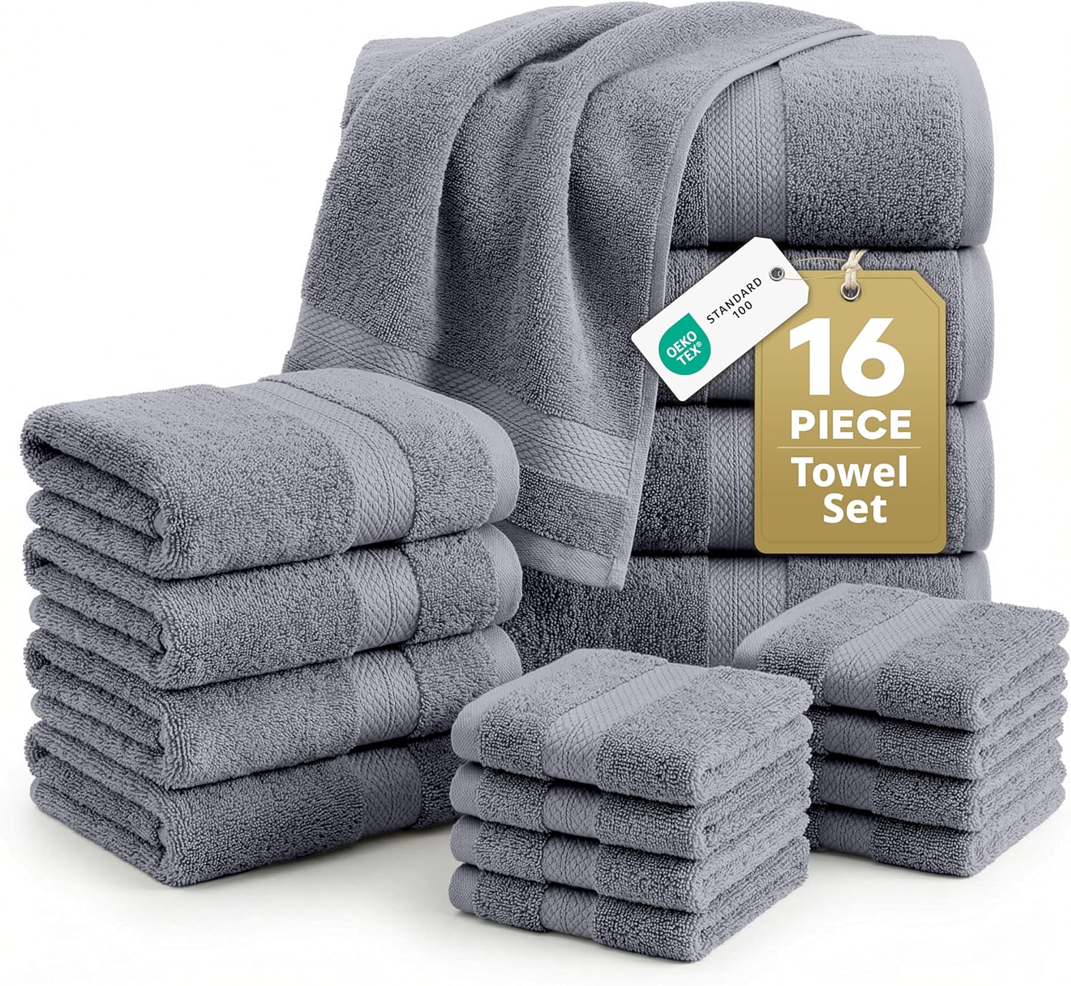 LANE LINEN 100% Cotton Towels Set for Bathroom - 16 Piece Family Pack - Soft, Absorbent & Quick Dry - 4 Bath, 8 Washcloths, 4 Hand Towels - OEKO TEX Certified, Machine Washable & Durable - Cool Grey