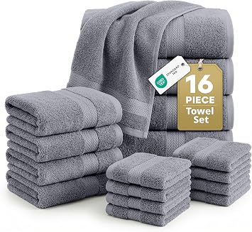 LANE LINEN 100% Cotton Towels Set for Bathroom - 16 Piece Family Pack - Soft, Absorbent & Quick Dry - 4 Bath, 8 Washcloths, 4 Hand Towels - Oeko TEX Certified, Machine Washable & Durable - Cool Grey
