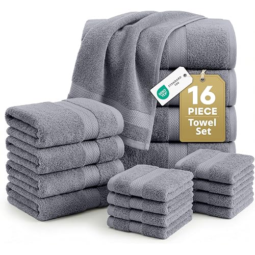 LANE LINEN 100% Cotton Towels Set for Bathroom - 16 Piece Family Pack - Soft, Absorbent & Quick Dry - 4 Bath, 8 Washcloths, 4 Hand Towels - OEKO TEX Certified, Machine Washable & Durable - Cool Grey