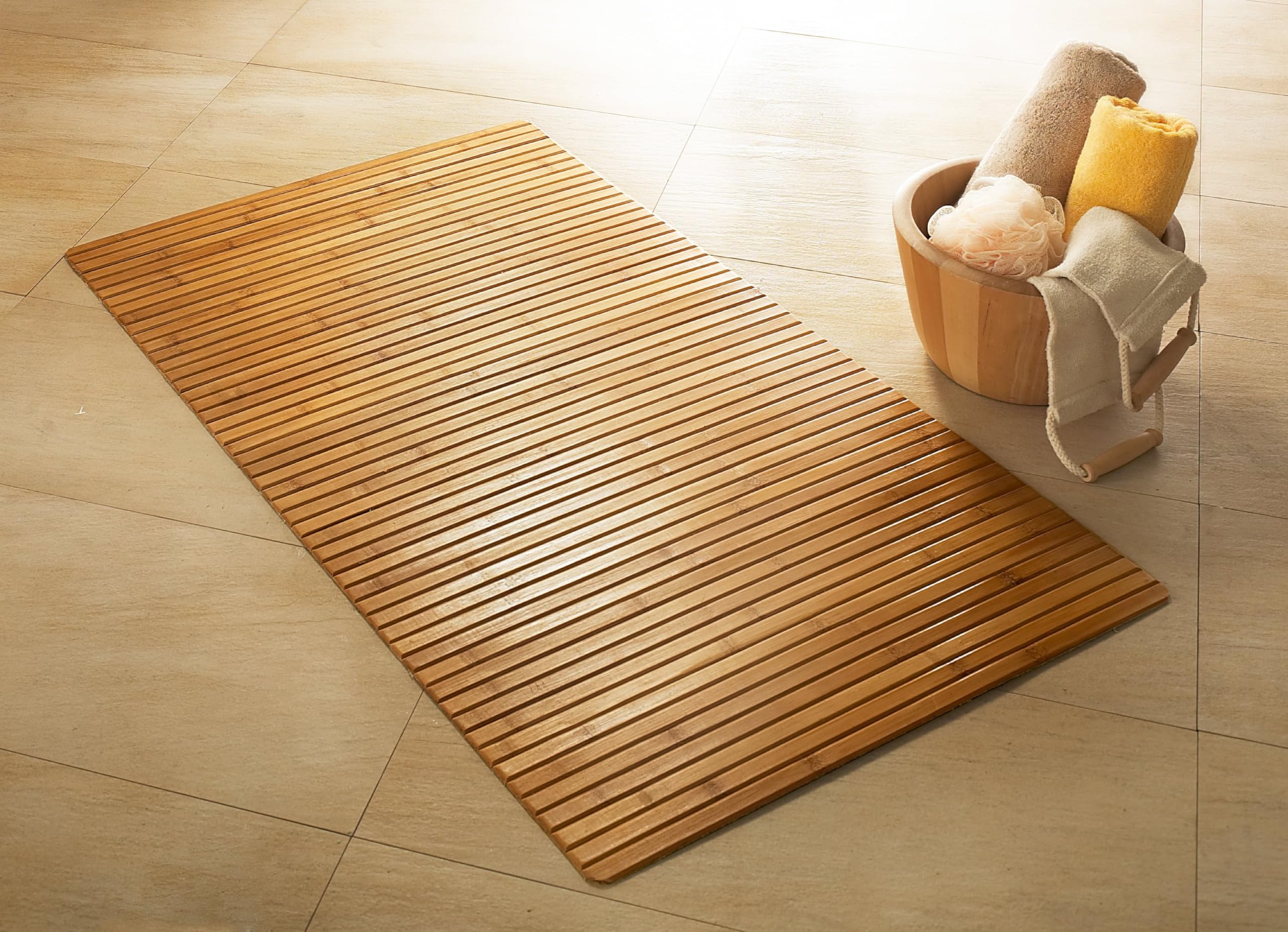 Kleine Wolke Tapis de Bain en Bambus Naturel 60 x 115 cm | Base antidérapante, compatible avec chauffage au sol, bambou
