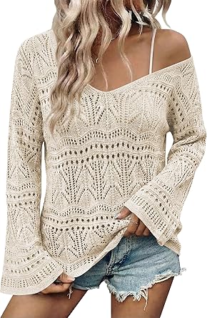 Cakulo Womens Summer Crochet Tops Boho Off Shoulder Sweaters Lightweight V Neck Loose Vacation Resort Wear 2026