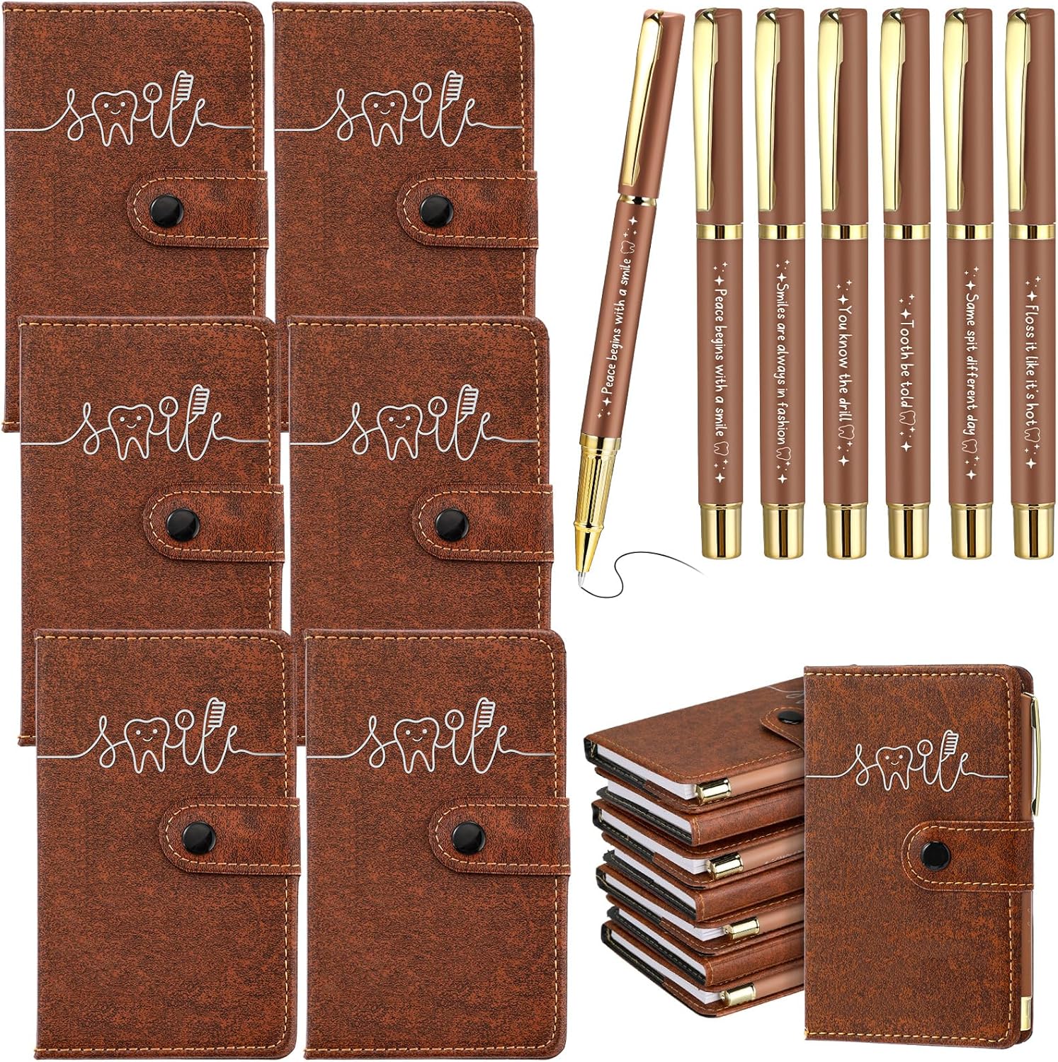 TaoBary 24 Sets Dental Hygienist Appreciation Gifts Bulk Tooth PU Leather Notebook and Motivational Ballpoint Pen Set, Thank You Gifts for Dentist Assistant Hygienist Nurse Week (Brown)