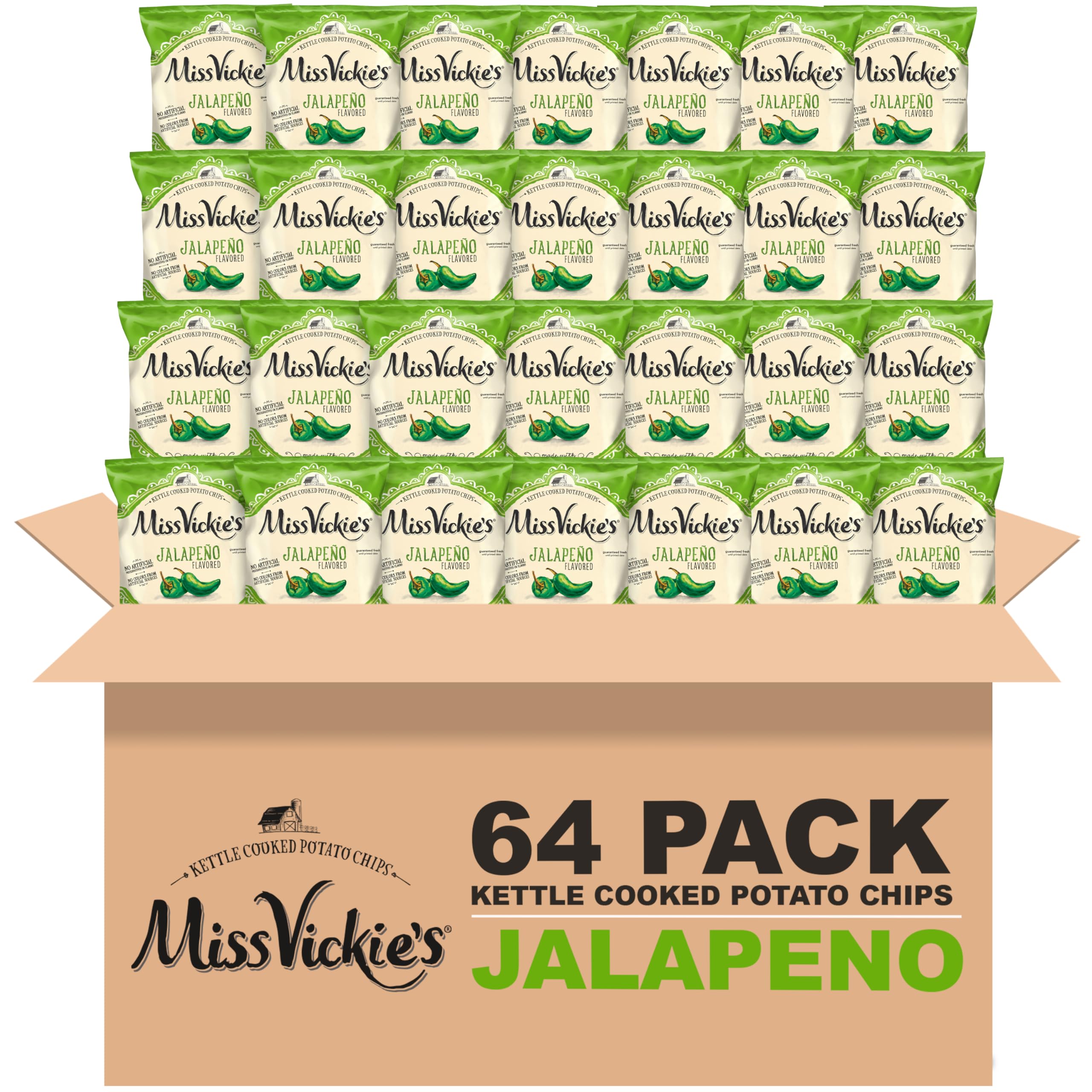 Miss Vickie's Kettle Cooked Potato Chips, Jalapeno, 1.375 Ounce (Pack of 64)