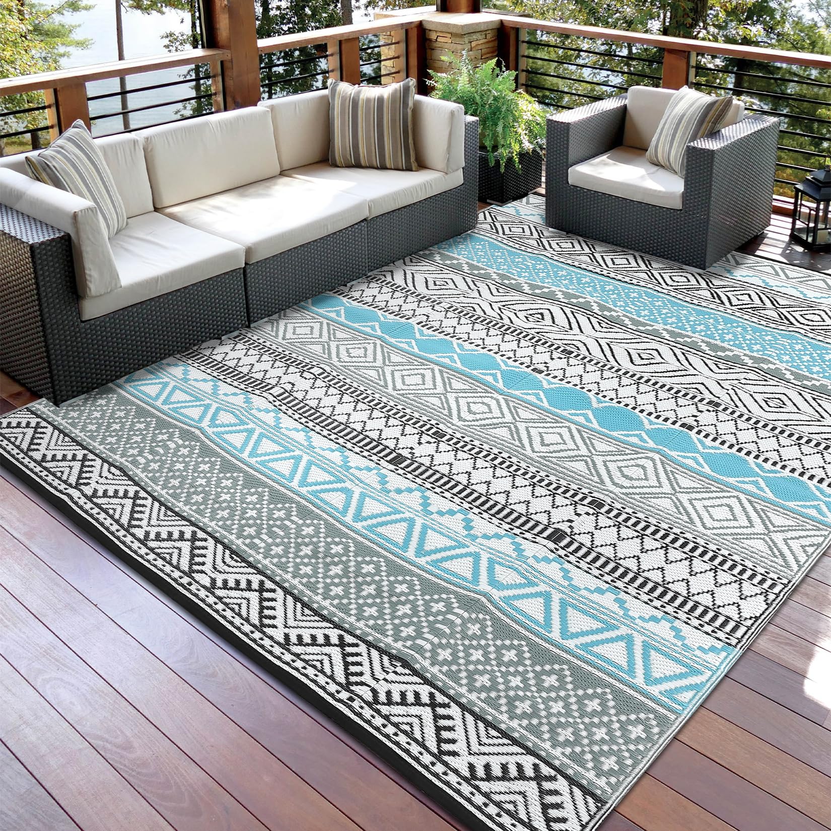 Tappeto da esterno impermeabile 150 x 240 cm reversibile in paglia di plastica per patio campeggio tappeto moquette geometrico per interni ed esterni camper tappeto moquette per cortile, terrazza