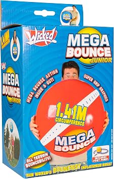 Wicked Mega Bounce Junior - The Worlds Bounciest Inflatable Ball! Large Bounce for Almost All Terrain Bounceability! Super Grip Graphics Outdoor Exercise Ball. Blue or Red
