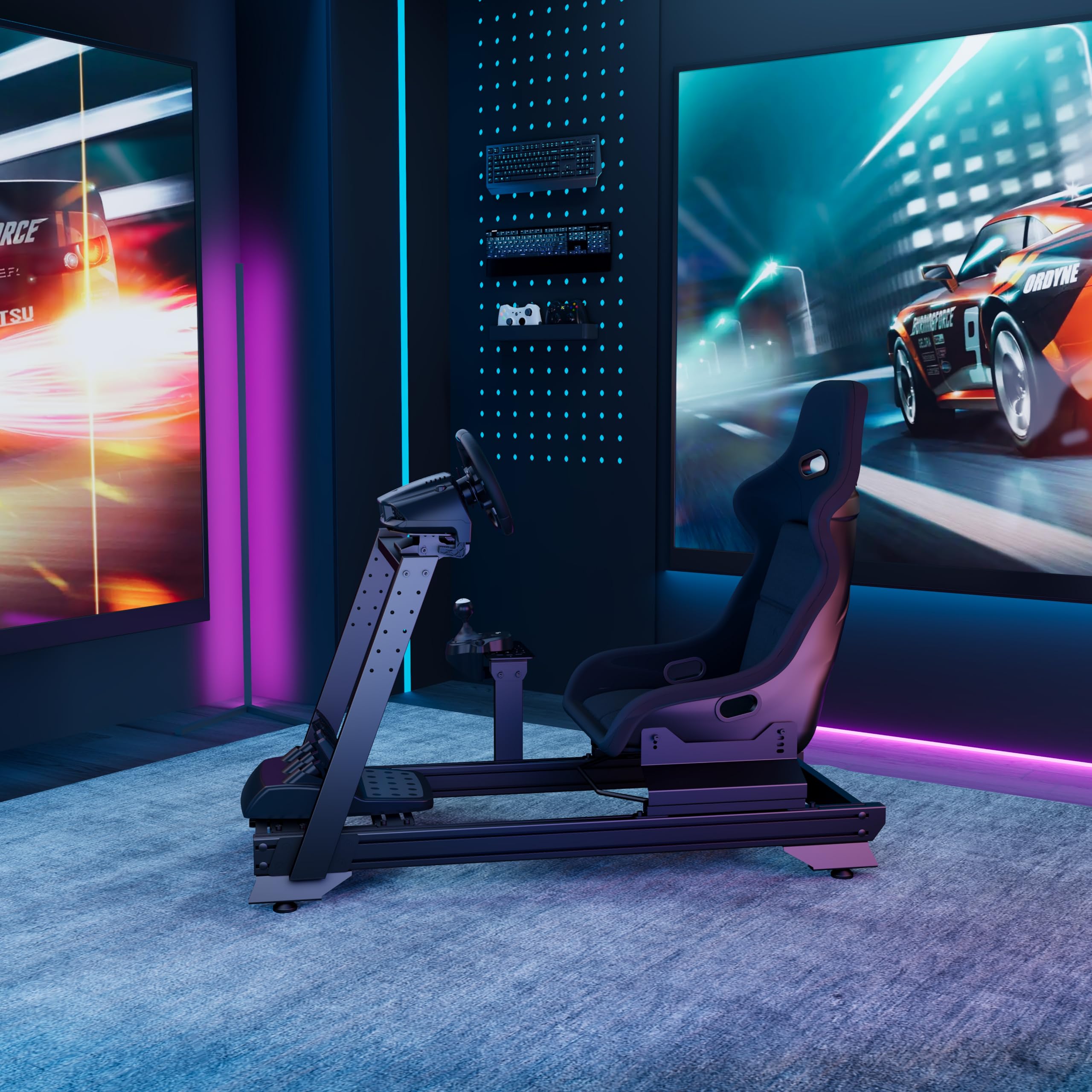 Indeca Cockpit Simracing Magnus Racer GTR con Asiento | Soporte para Volante, Pedales y Palanca de Cambios | Estructura de Aluminio y Acero | Ajustable y Estable