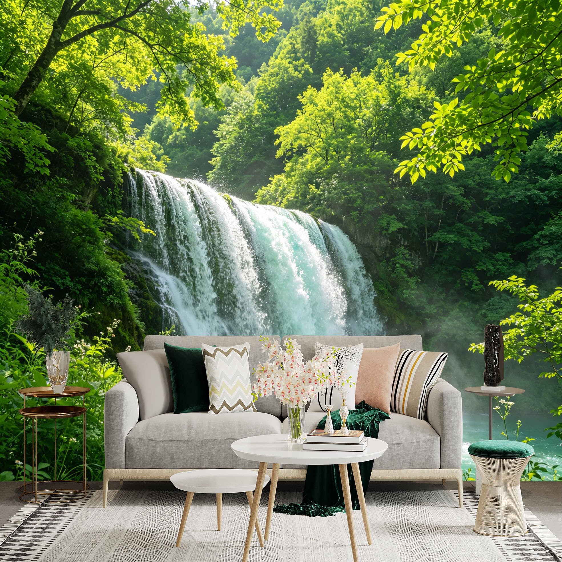 Lnzczhyre Dbh260521041 Custom Size Wall Sticker Mural， Lush Green Forest Waterfall， Natural Spring Landscape， Serene Mountain Stream， For Wall Decoration， Peelandstick Wall Decals.