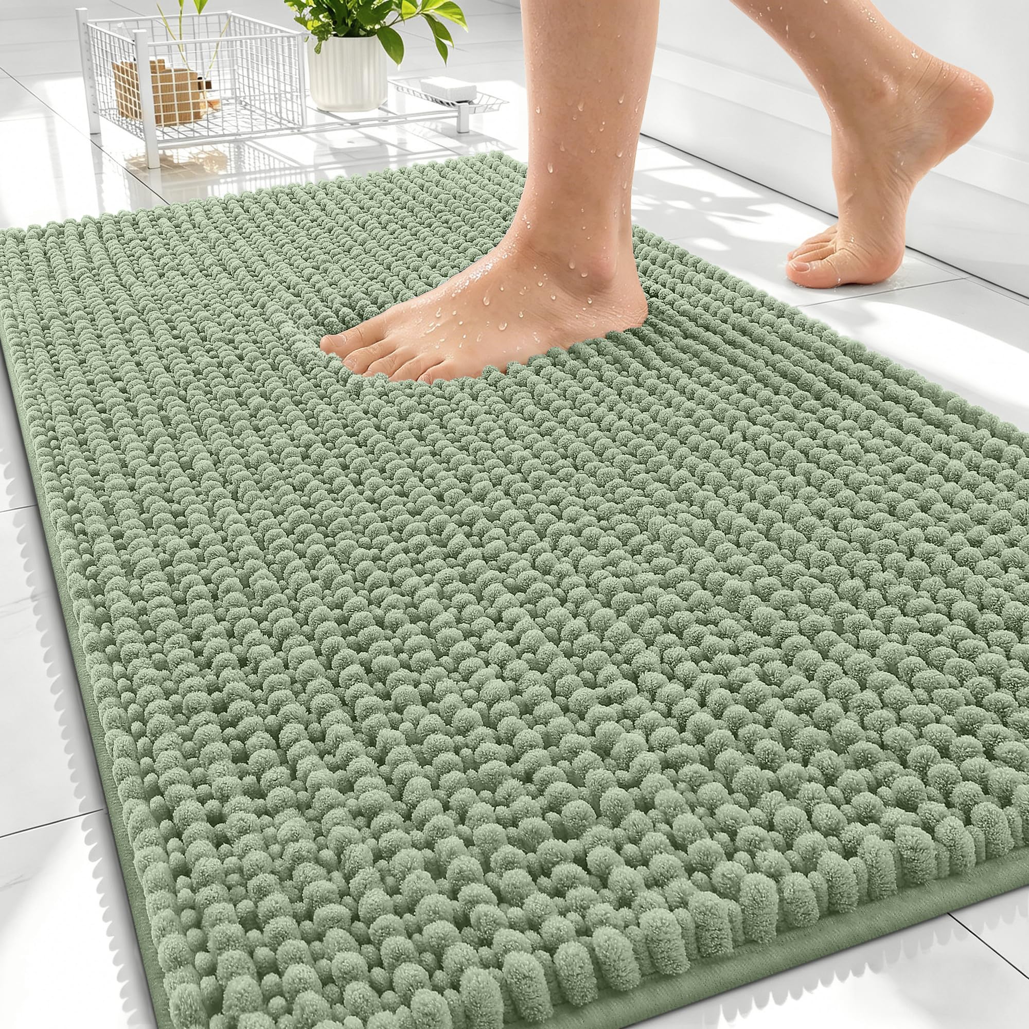 OLANLY Thick Chenille Absorbent Bathroom Rugs Mat 30x20, Sage Green