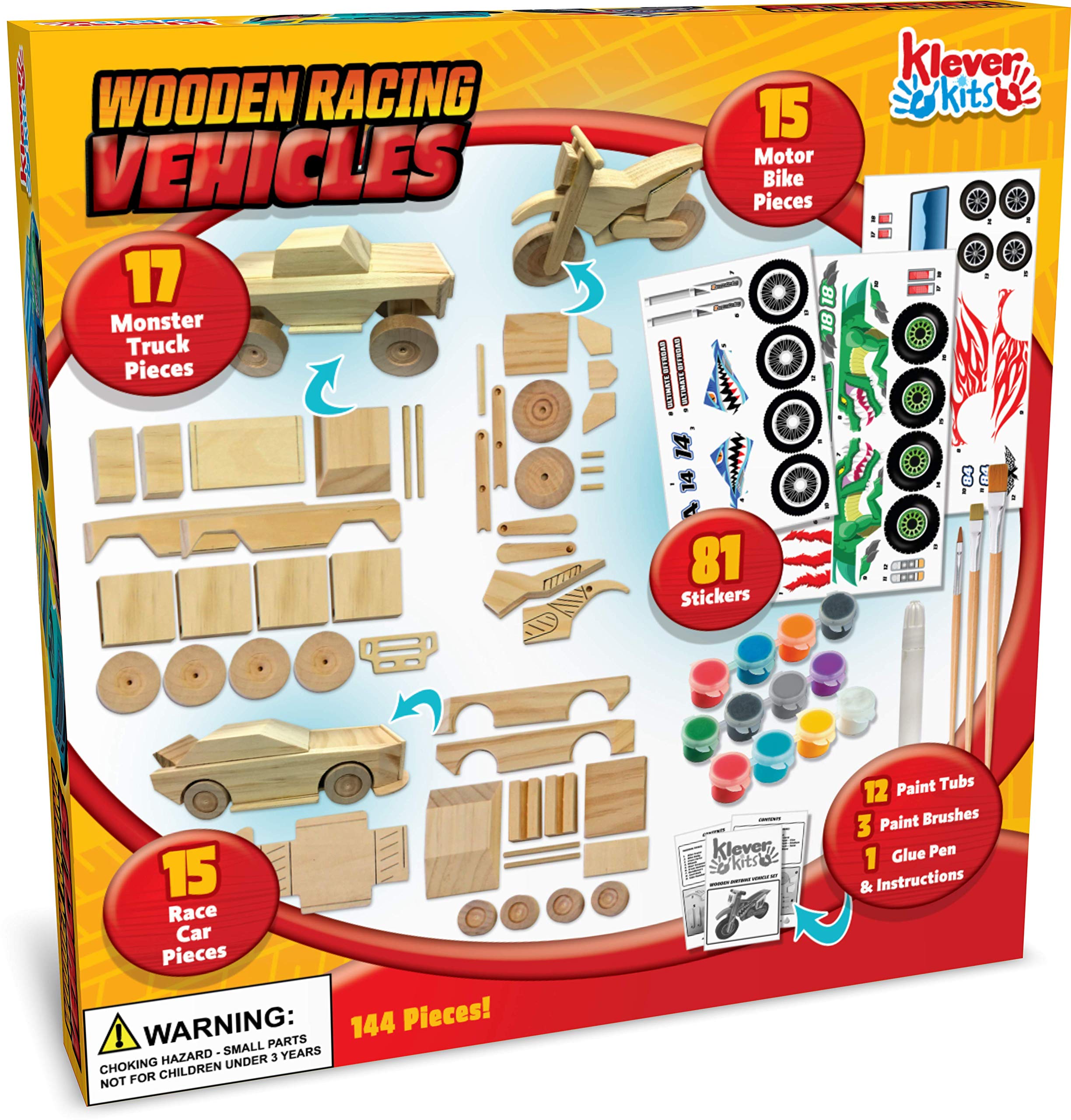 Klever Kits Kids Craft Kit Build & Paint Your Own Wooden Race Car Art