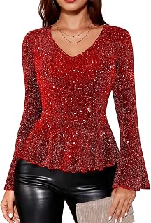 Sparkly Tops for Women Long Sleeve V Neck Ruffle Hem Sequin Shirts Glitter Blouses Evening Party Night