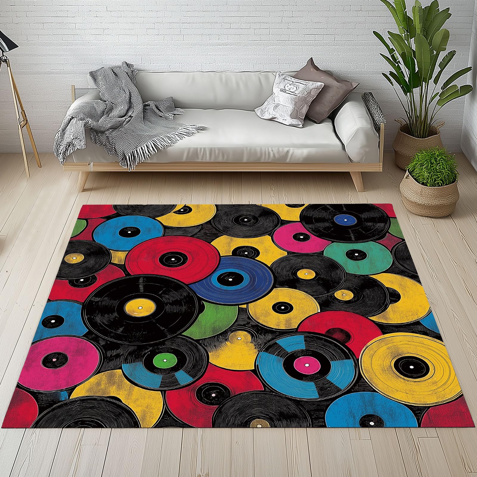 Tapis vintage disques 160x230 cm retro pour un salon musical et chaleureux