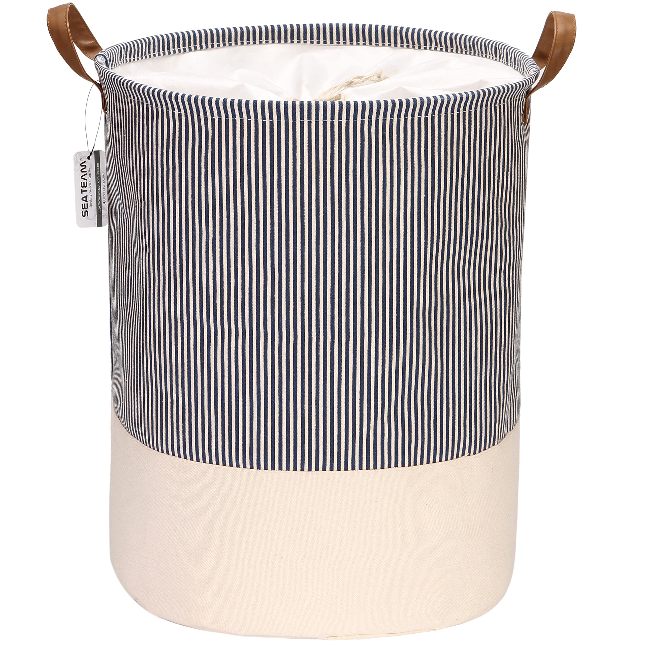 Sea Team Navy Striped Canvas Laundry Basket PU Drawstring Carry Handles โ image 1