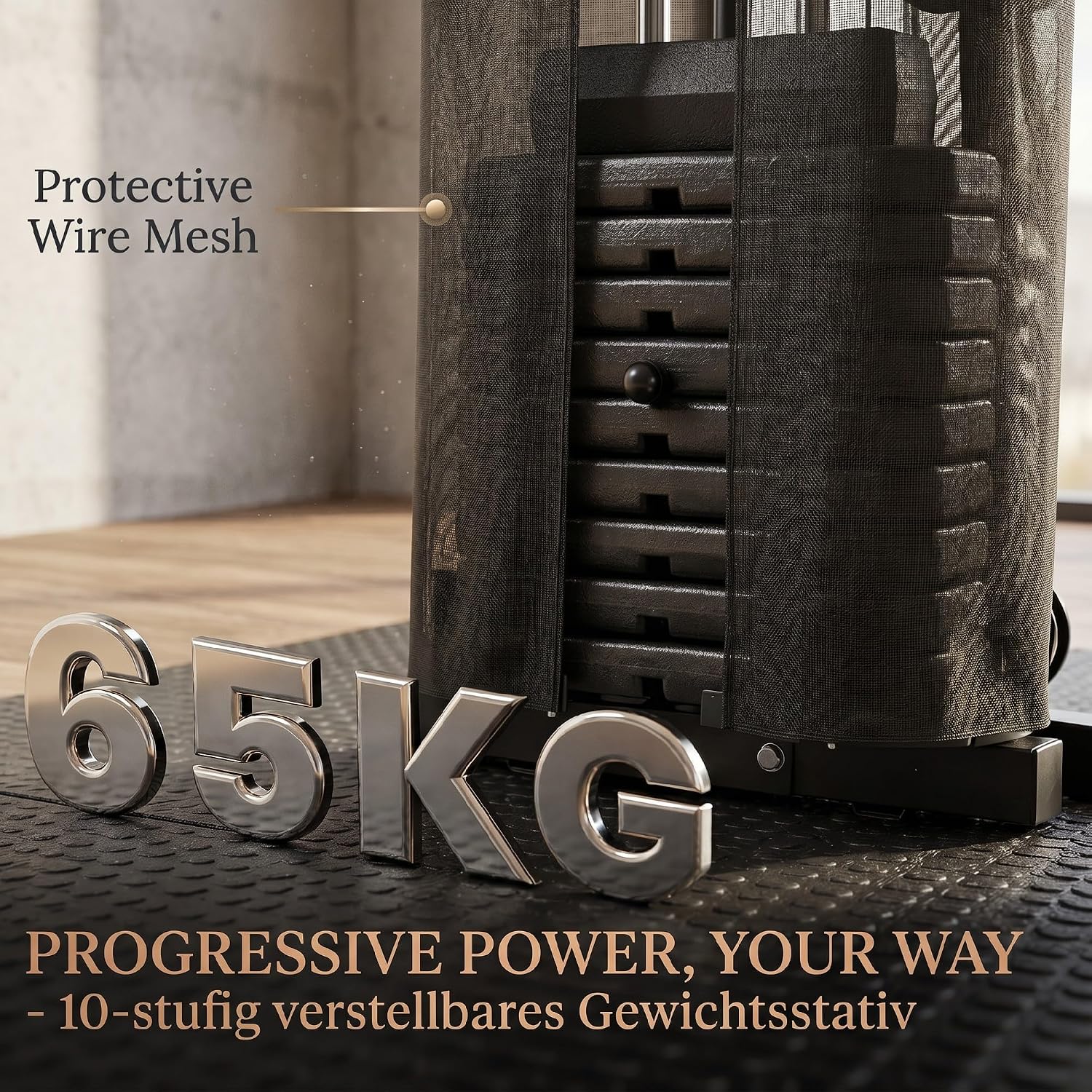 Close-up of the 65kg (143lbs) weight stack with protective wire mesh, emphasizing progressive power.