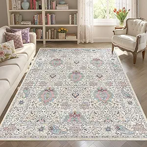 Tortania Area Rug Living Room Rugs - 6x9 Washable Boho Rug Vintage Oriental Distressed Farmhouse Large Thin Indoor Carpet for Living Room Bedroom Under Dining Table Home Office - Pink Blue