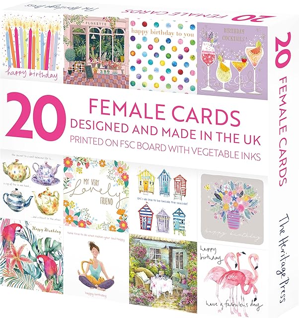 The Heritage Press 20 pretty Birthday Cards For Women - Multipack of Assorted Greeting Card Designs with Envelopes, Size 150x150 Eco-friendly, Made and Handpacked in the UK - Pack of 20