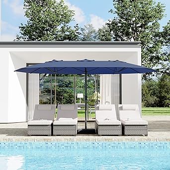15 Ft Large Patio Umbrella with Base Included, Outdoor Double-Sided Rectangle Umbrella with Crank Handle, Outdoor Umbrella for Backyard, Pool, Patio,