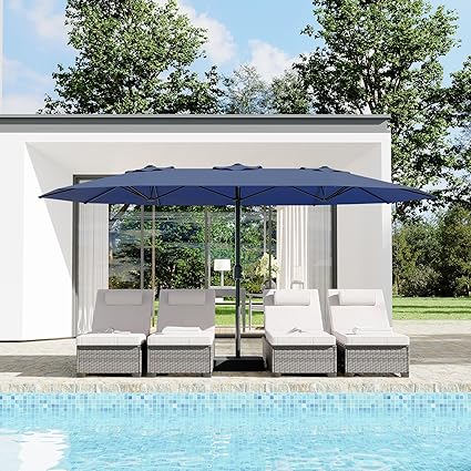 15 Ft Large Patio Umbrella with Base Included, Outdoor Double-Sided Rectangle Umbrella with Crank Handle, Outdoor Umbrella for Backyard, Pool, Patio,