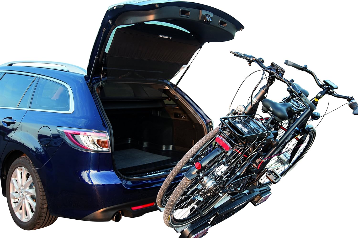 Bicycle carrier tilted away from car, allowing trunk access