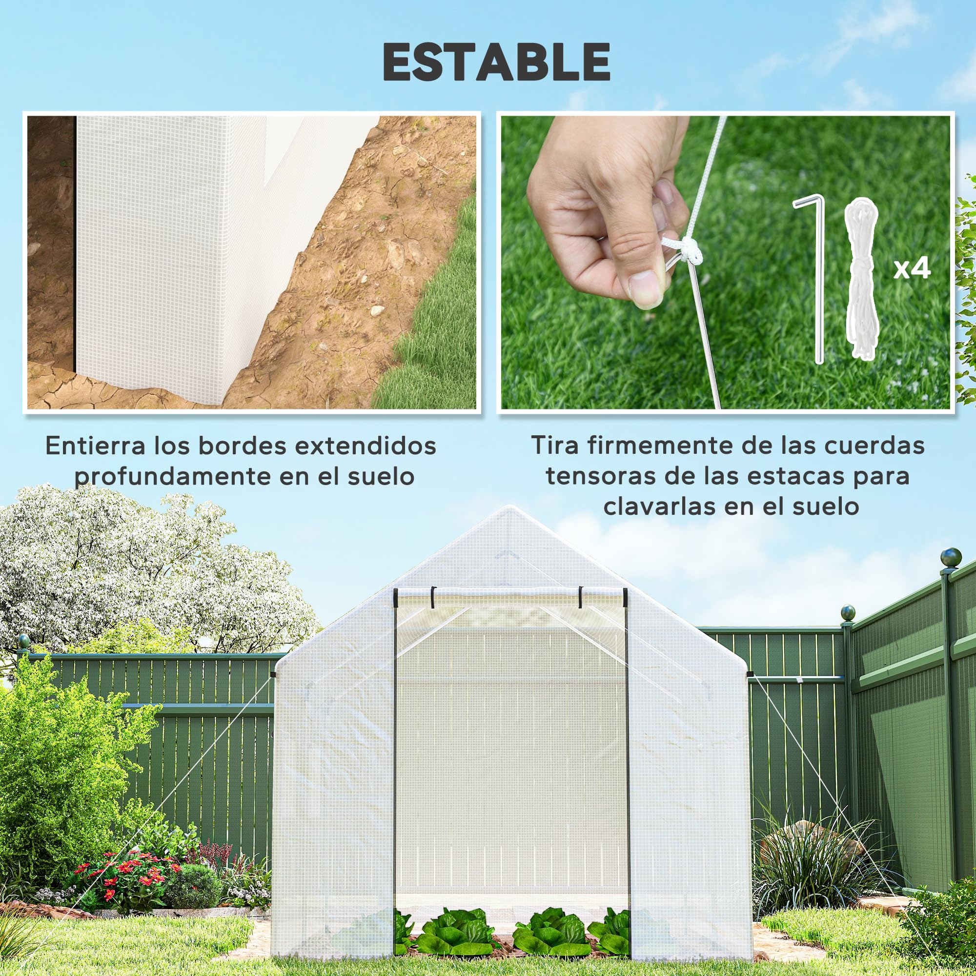Outsunny Invernadero de Exterior 2x3x2 m Invernadero de Túnel con 4 Ventanas de Malla y Puerta con Cremallera Invernadero de Huerto Anti-UV para Patio Jardín Terraza Blanco