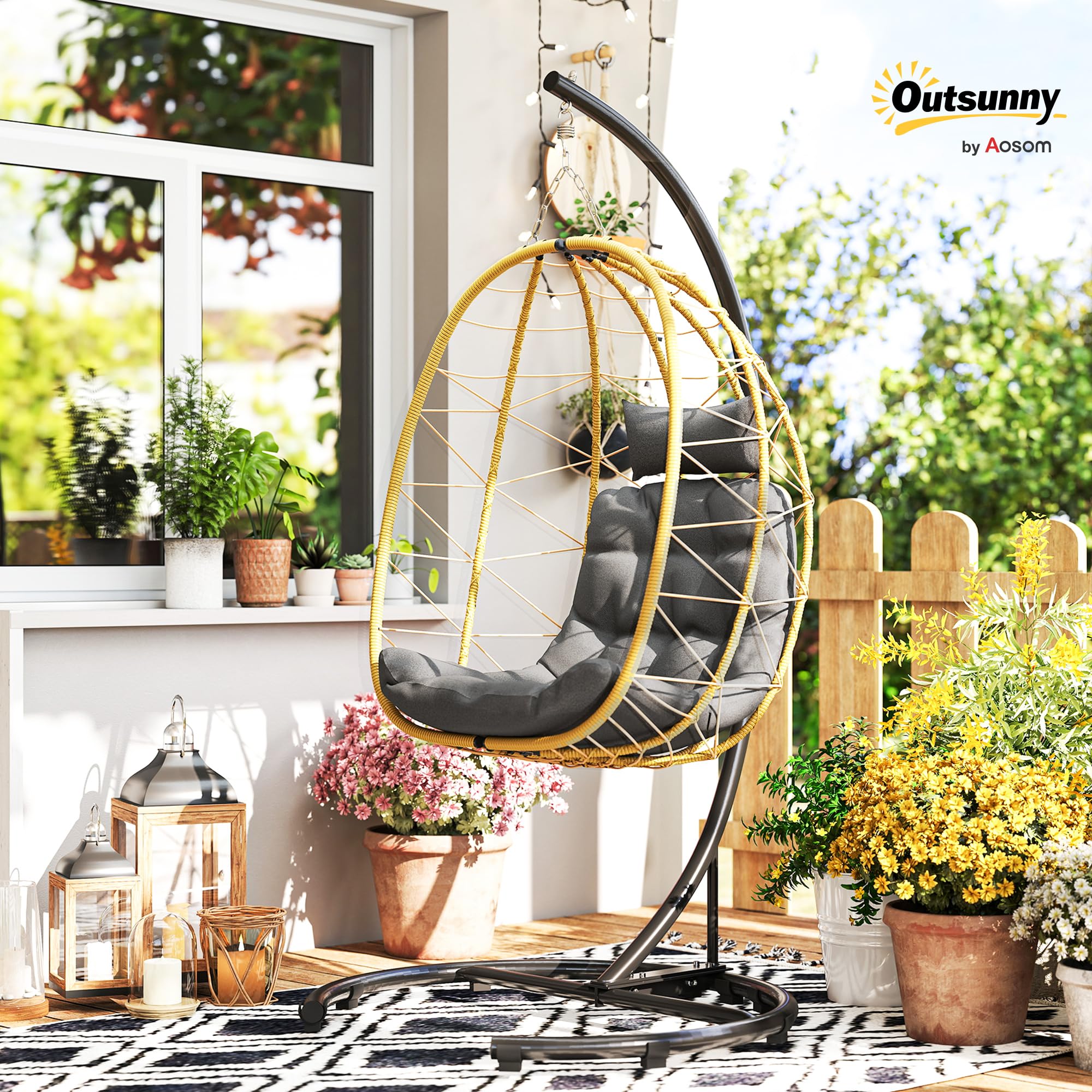 Outsunny Poltrona Sospesa 150kg Max 102x102x195 cm Nera Grigia e Beige | Cesto Pieghevole e Cuscini, Poltrona Sospesa da Giardino, Acciaio e Rattan PE