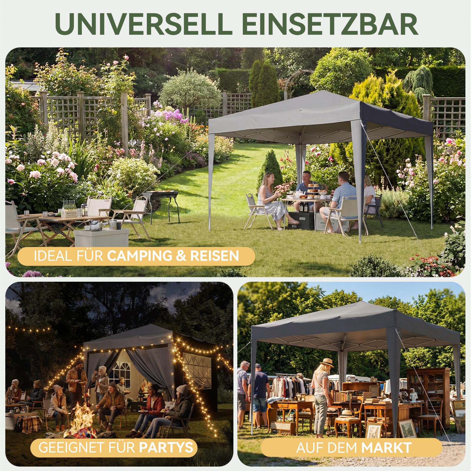 Aoxun Pop Up Pavillon 3x3 Wasserdicht mit 4 Seitenwänden, Metallrahmen-Schutzzelt, Höhe Verstellbar, 3mx3m Faltpavillon mit Tragetasche für Camping Party, Grau
