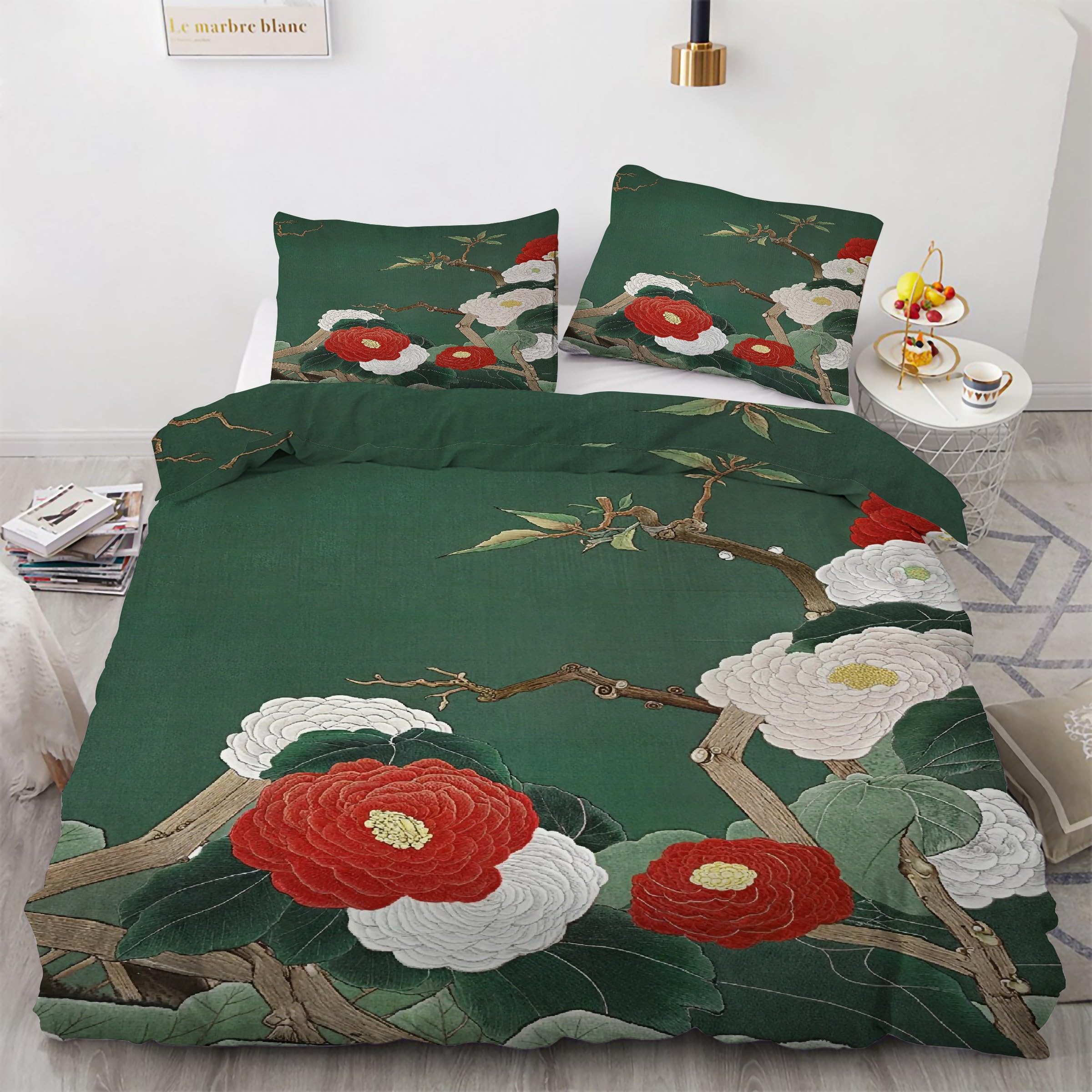 Housse de Couette 160x200 en Microfibre Douce - Parure de Lit Rouge Imprimé Floral Chic