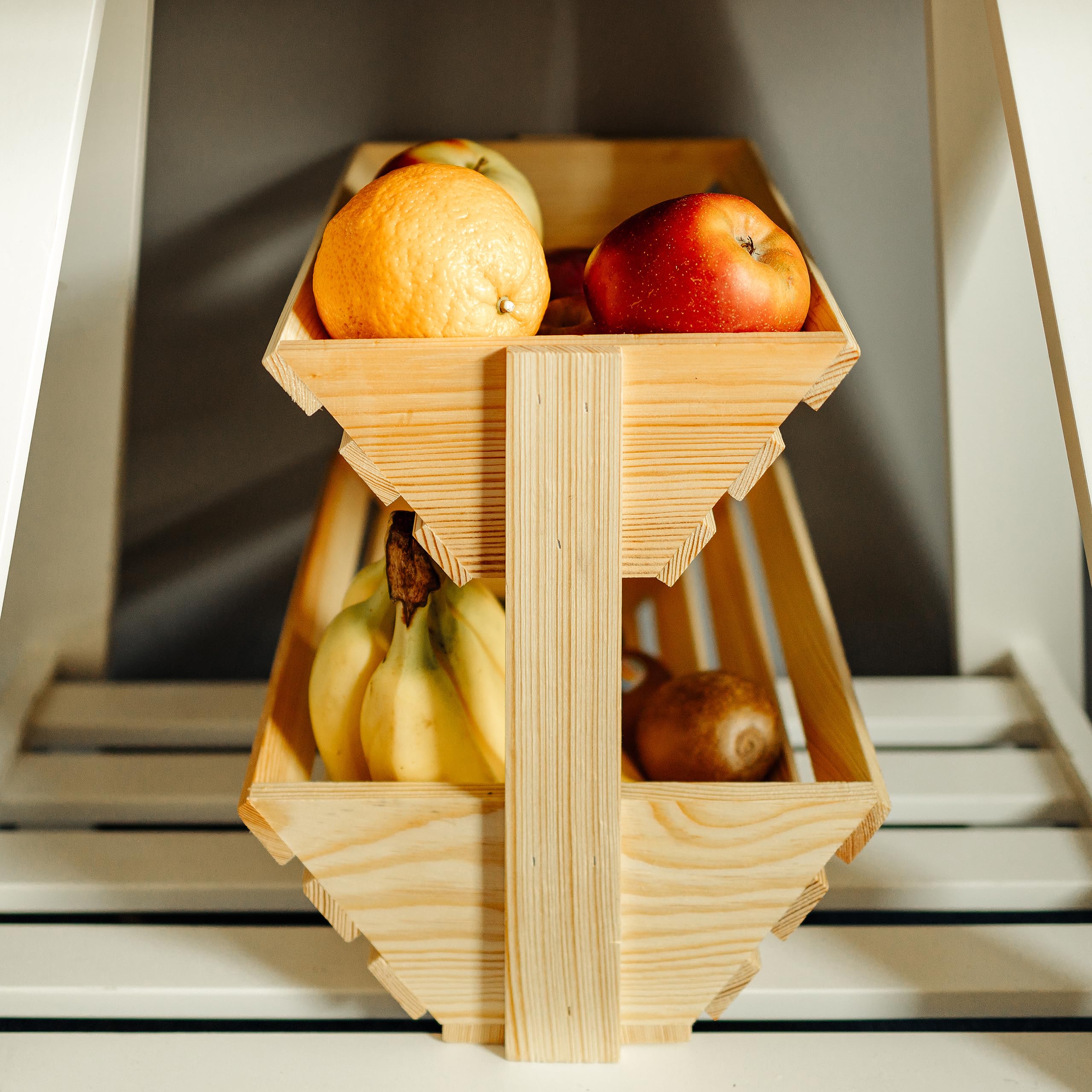 Creative Home Frutero Cesta de Frutas de Dos Niveles de Madera | 36x28x30 cm | Madera Aceitada | Soporte Universal Funcional para Almacenaje y Exhibición | Frutas Verduras Snacks | Cocina Comedor
